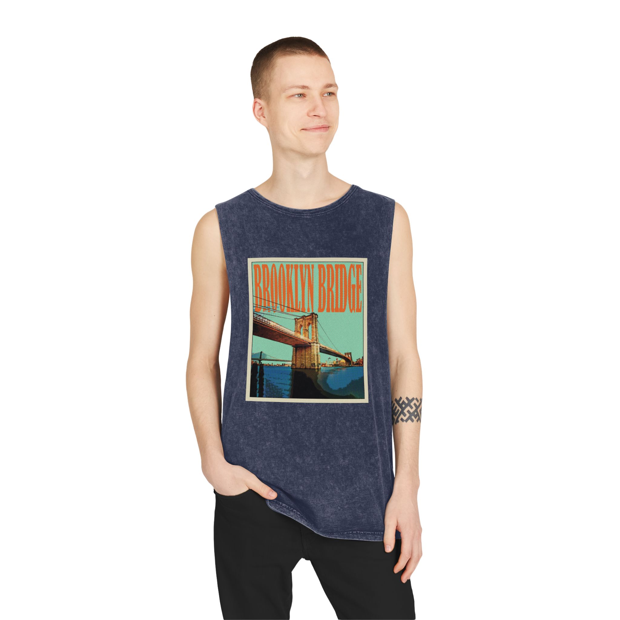 Brooklyn Bridge Retro Travel Poster Unisex Stonewash Tank Top - Image 15