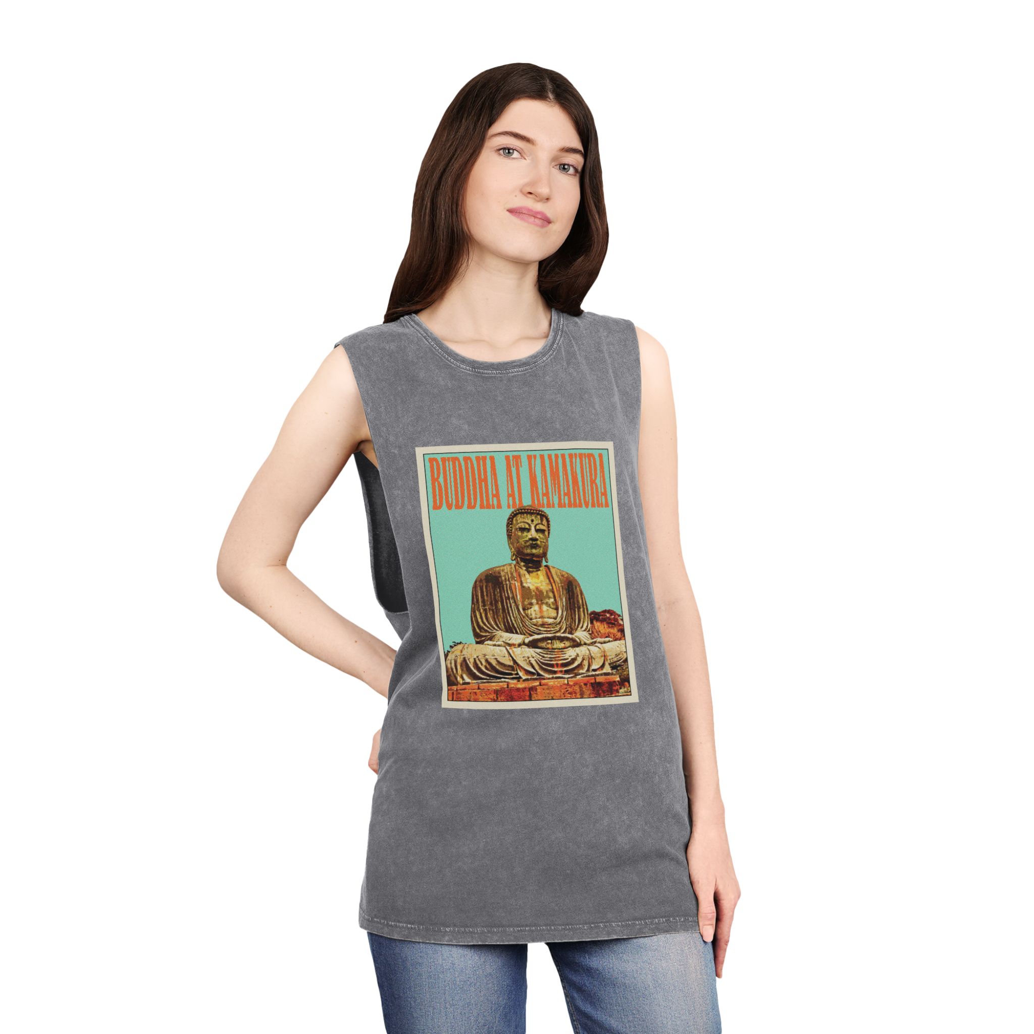 Buddha Kamakura Retro Travel Poster (1) Unisex Stonewash Tank Top - Image 12