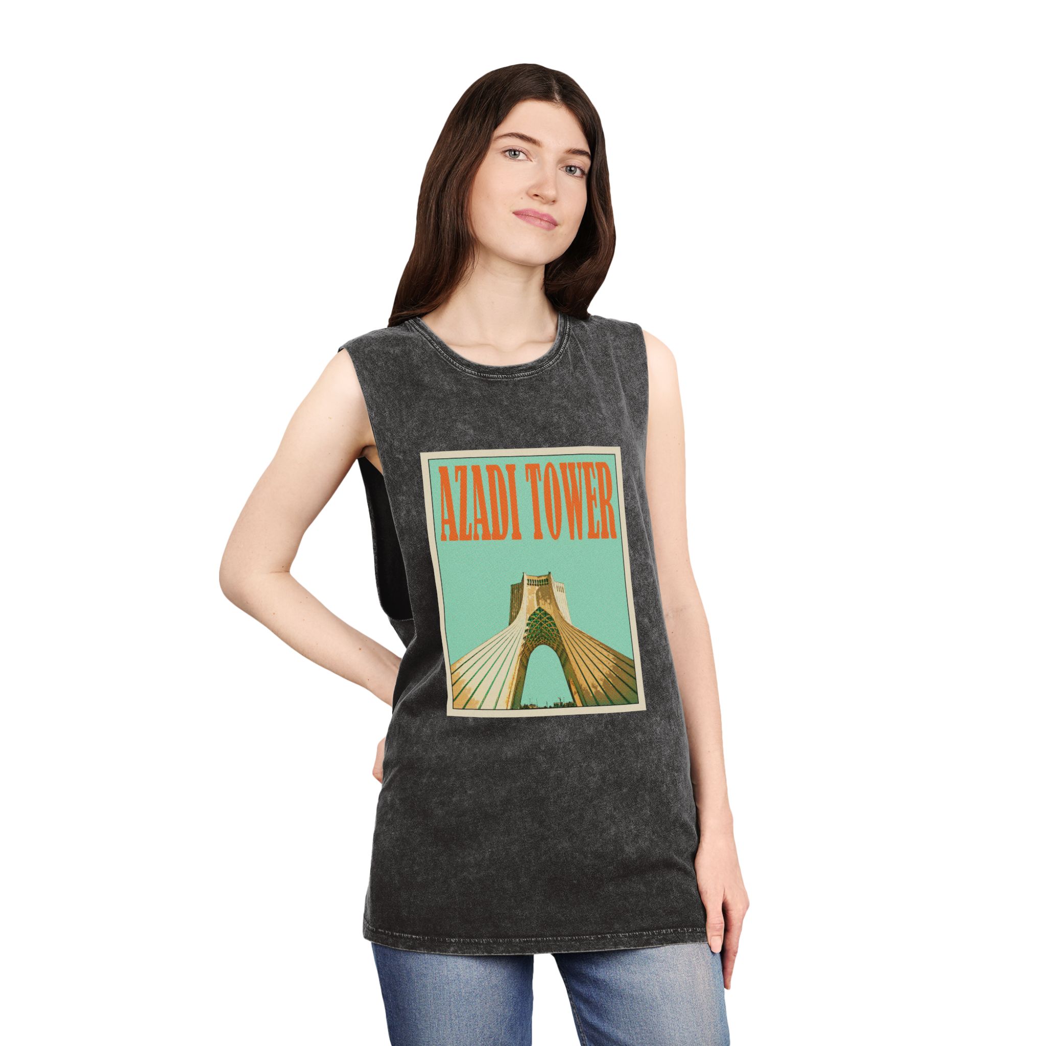 Azadi Tower Retro Travel Poster Unisex Stonewash Tank Top - Image 4