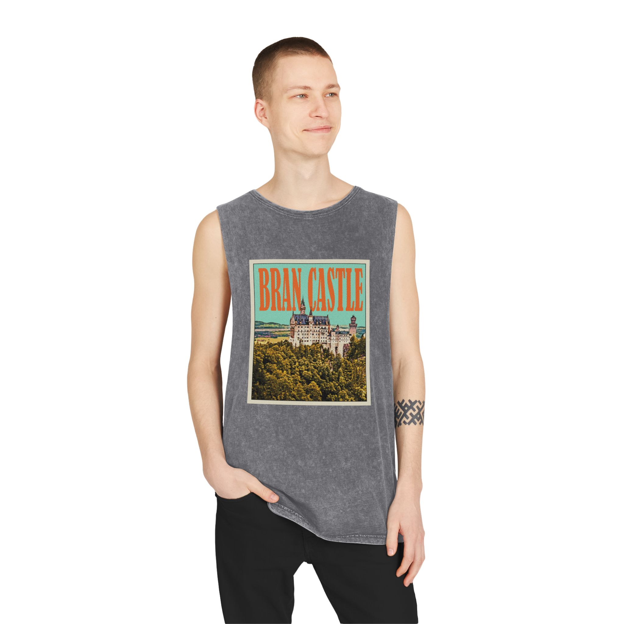 Bran Castle Retro Travel Poster Unisex Stonewash Tank Top - Image 11