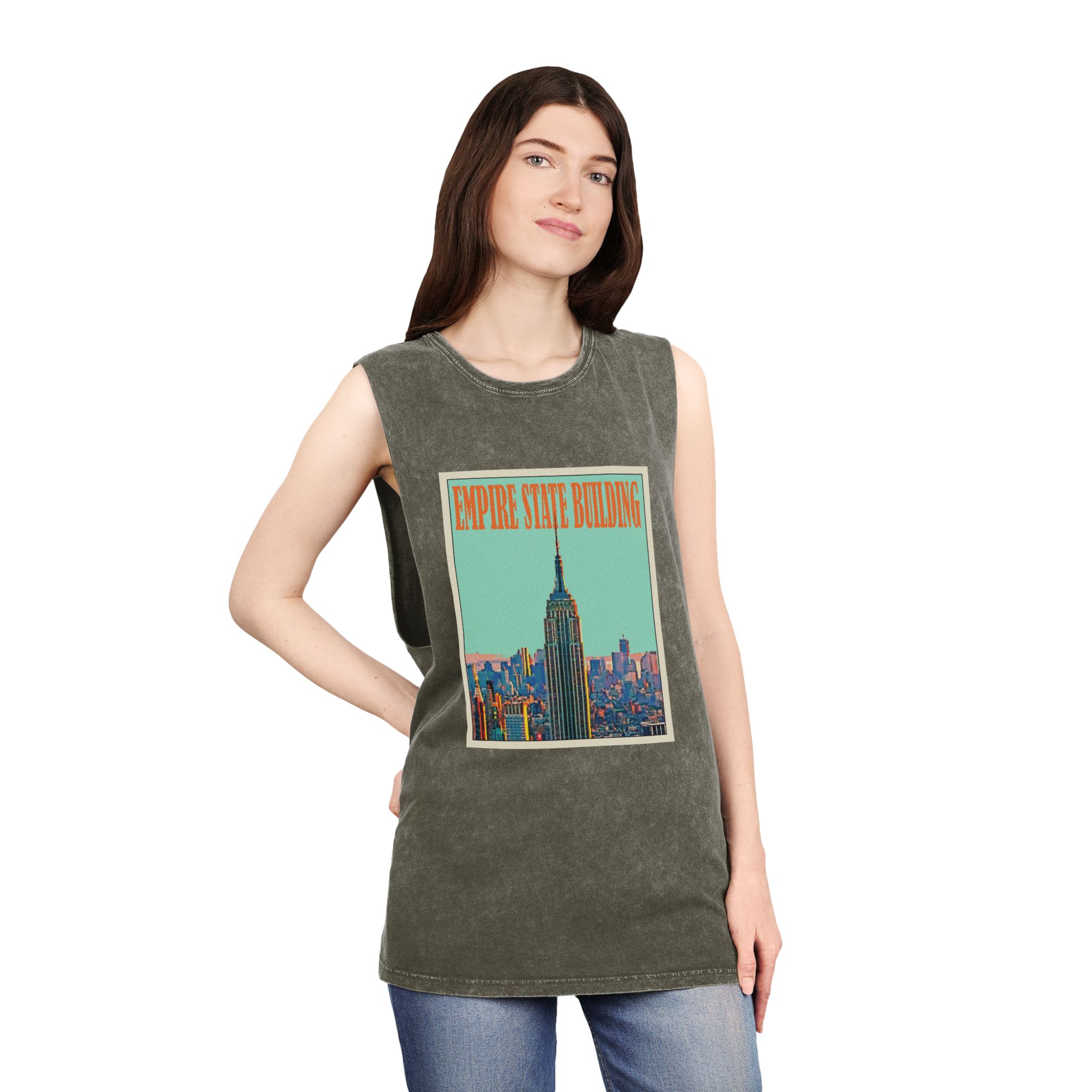Empire State Building Retro Travel Poster Unisex Stonewash Tank Top - Image 8