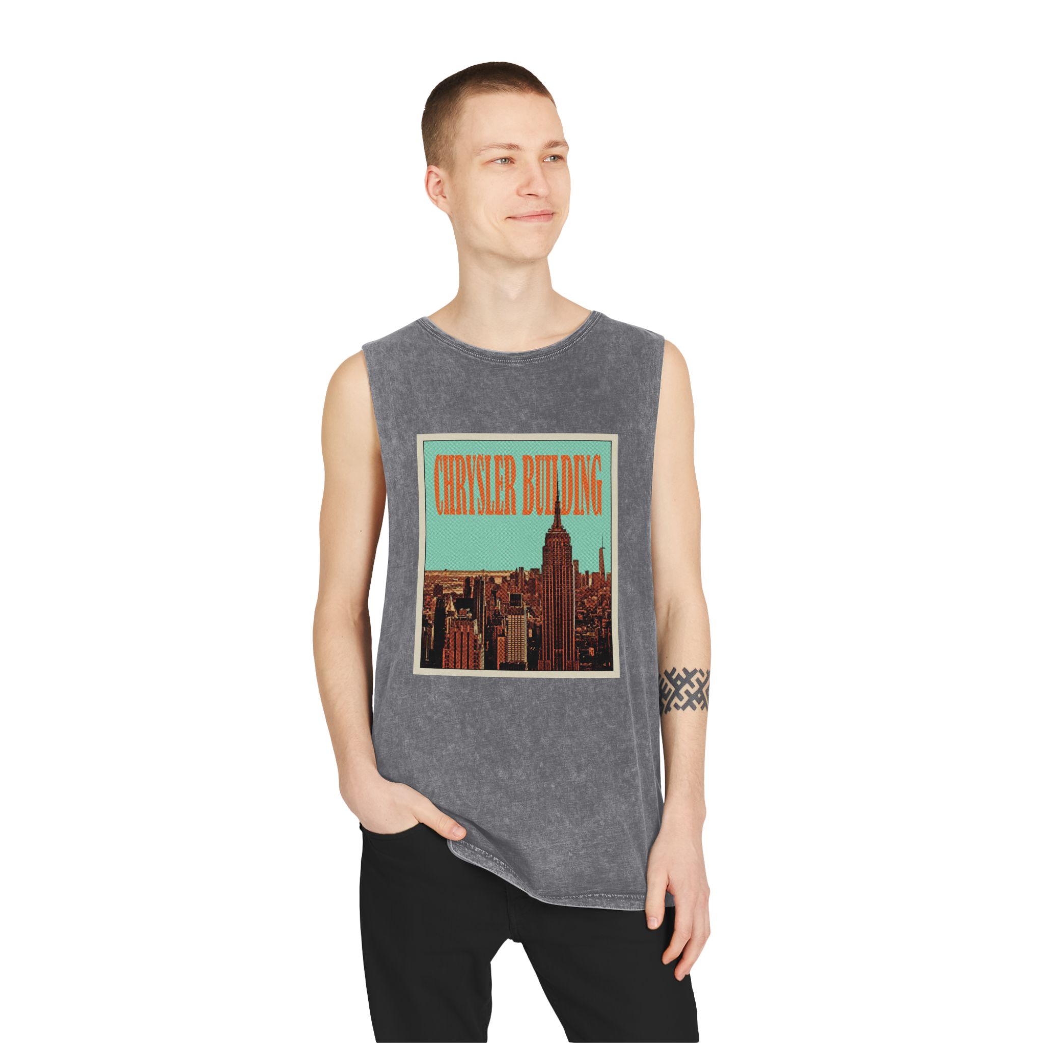 Chrysler Building Retro Travel Poster Unisex Stonewash Tank Top - Image 11