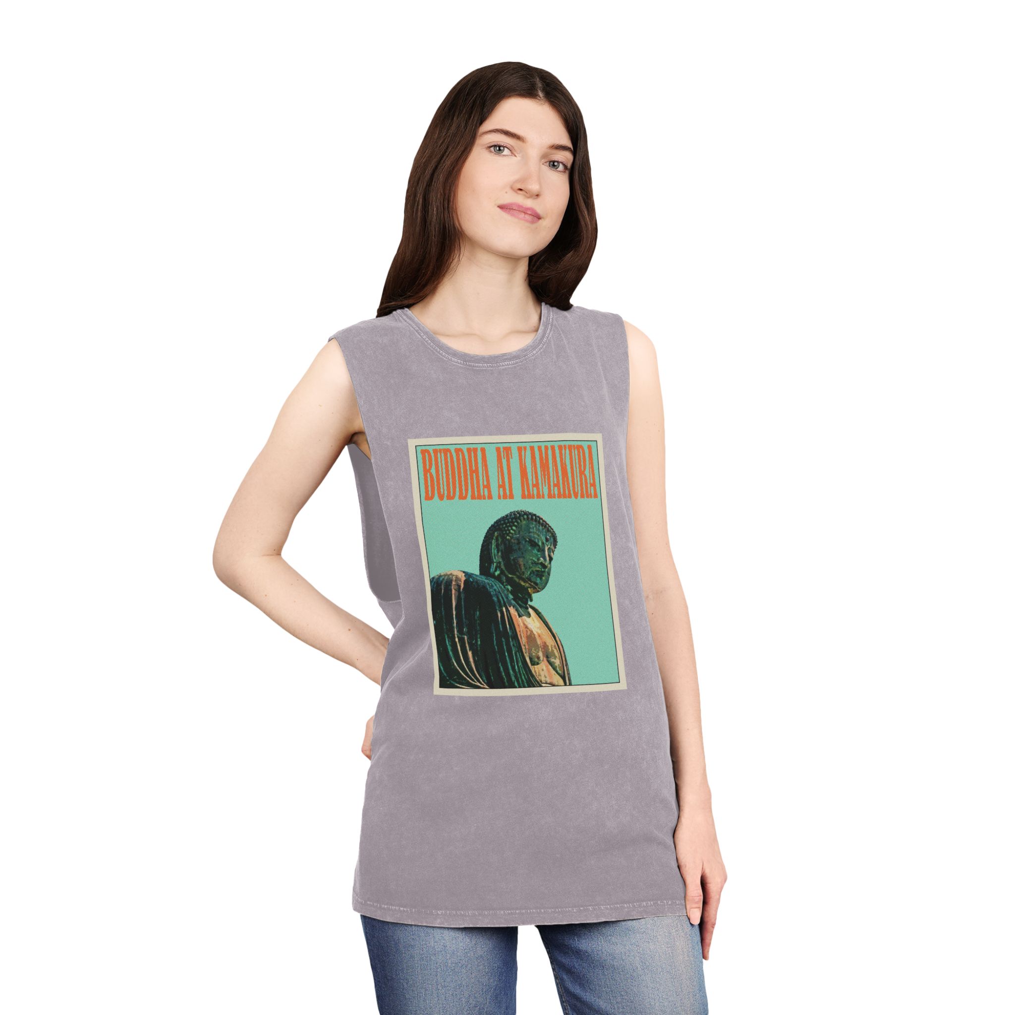 Buddha Kamakura Retro Travel Poster Unisex Stonewash Tank Top - Image 20