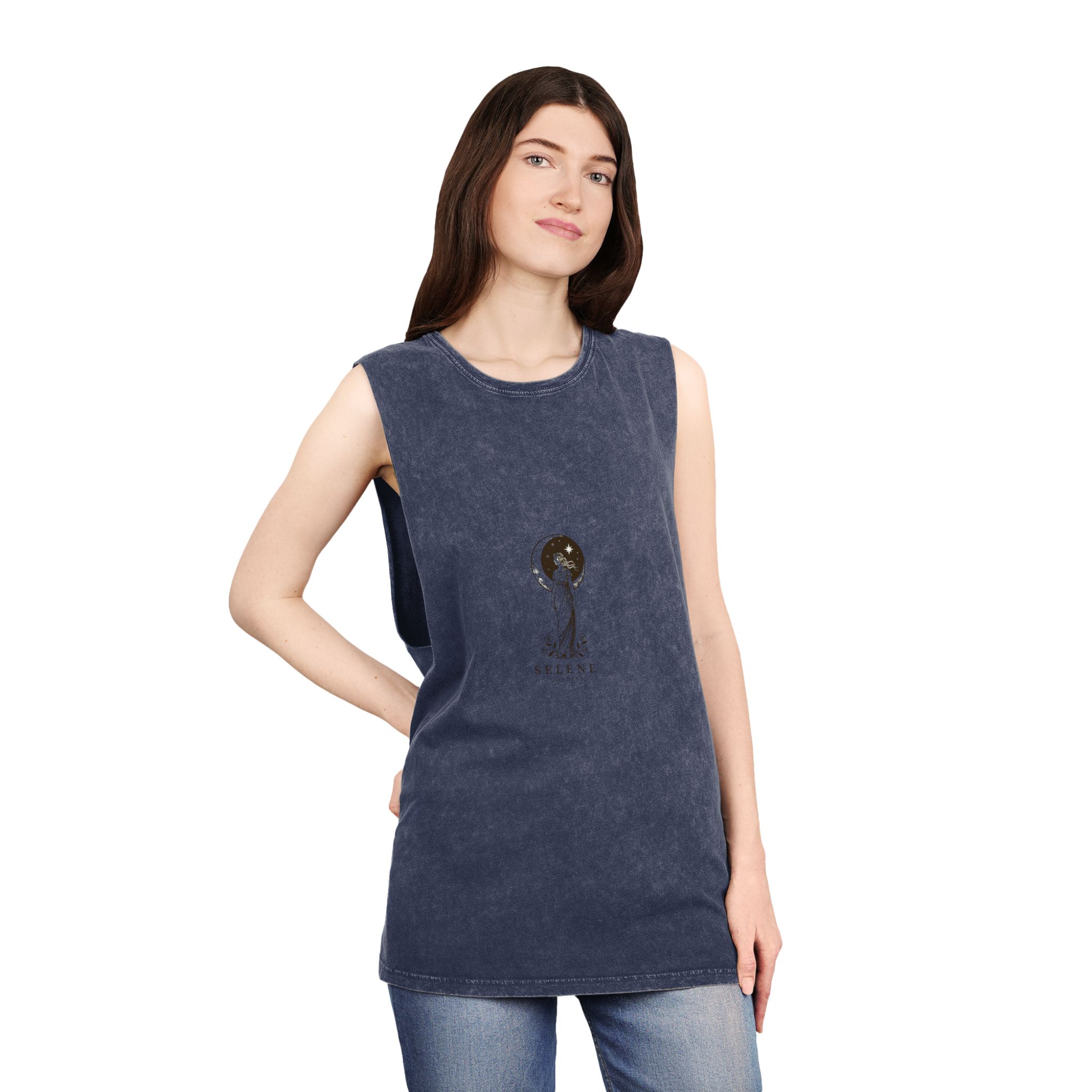 Engraving Illustration Selene Greek Moon Goddess Vector Template Unisex Stonewash Tank Top - Image 16