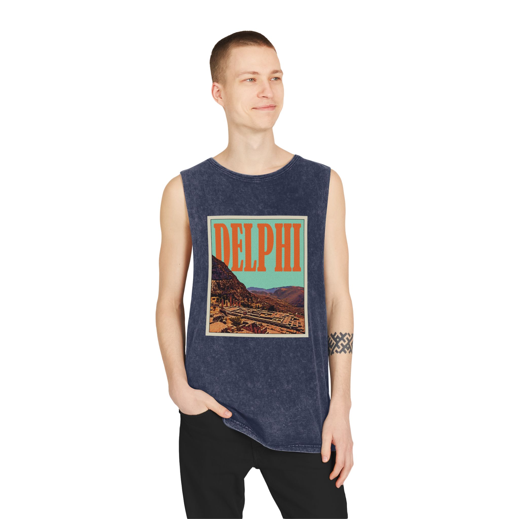 Delphi Retro Travel Poster Unisex Stonewash Tank Top - Image 15