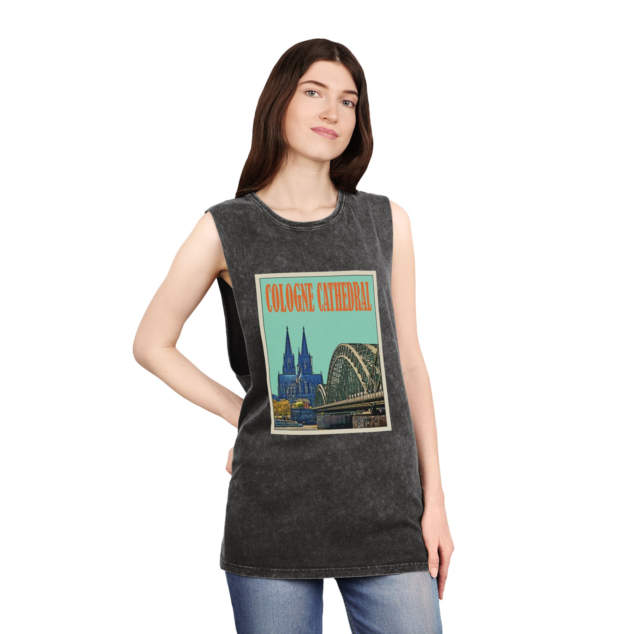 Cologne Cathedral Retro Travel Poster Unisex Stonewash Tank Top - Image 4