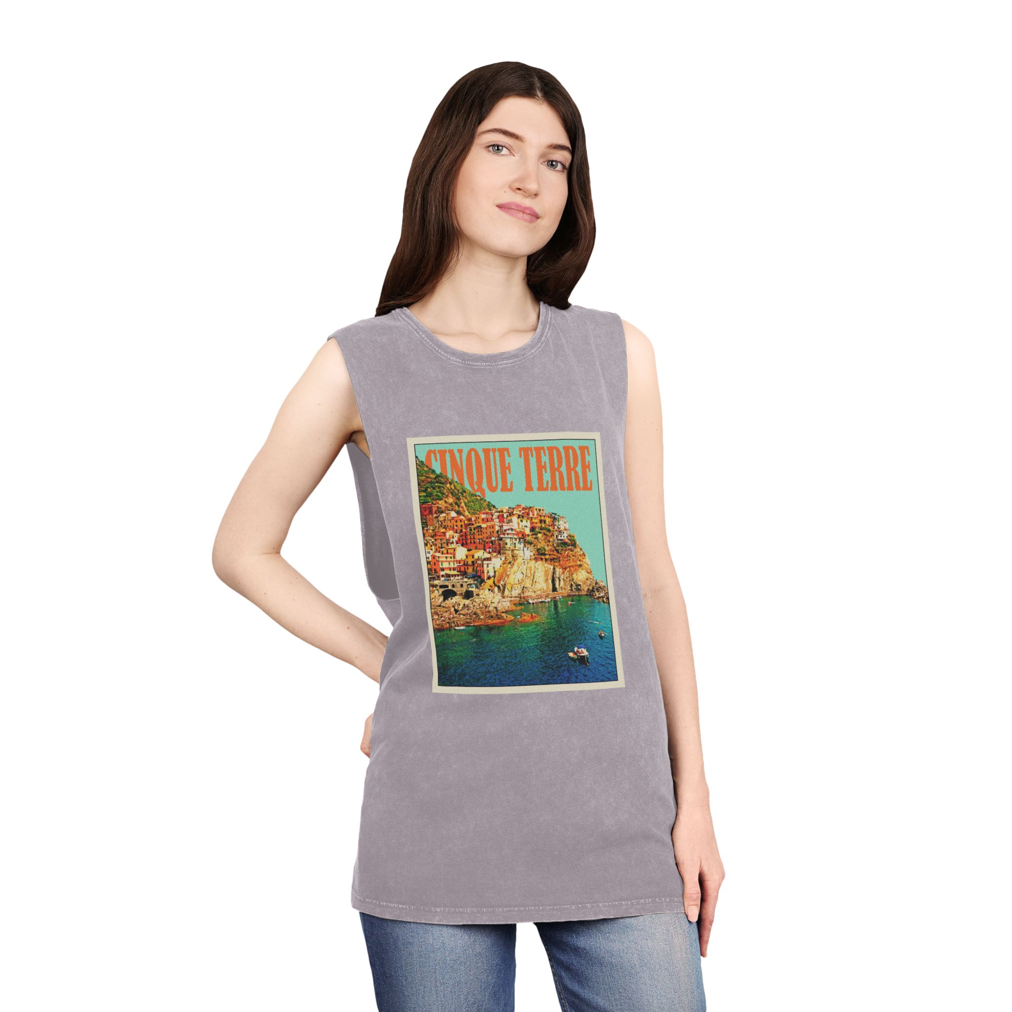 Cinque Terre Retro Travel Poster Unisex Stonewash Tank Top - Image 20
