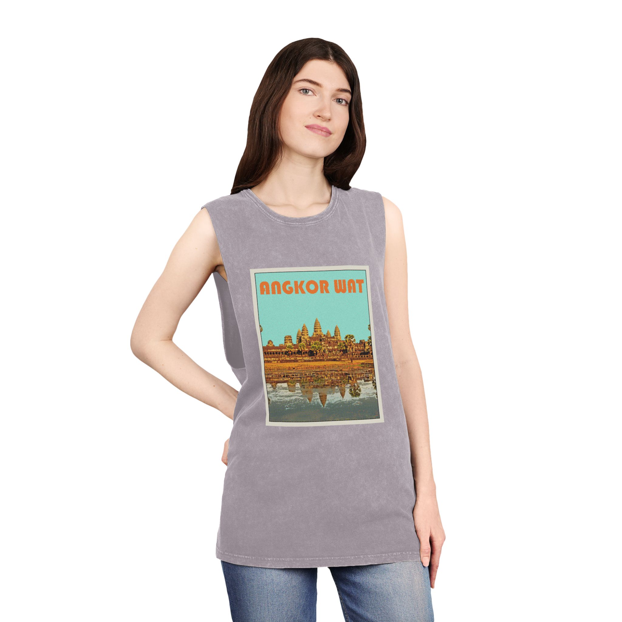 Angkor Wat Retro Travel Poster Unisex Stonewash Tank Top - Image 20