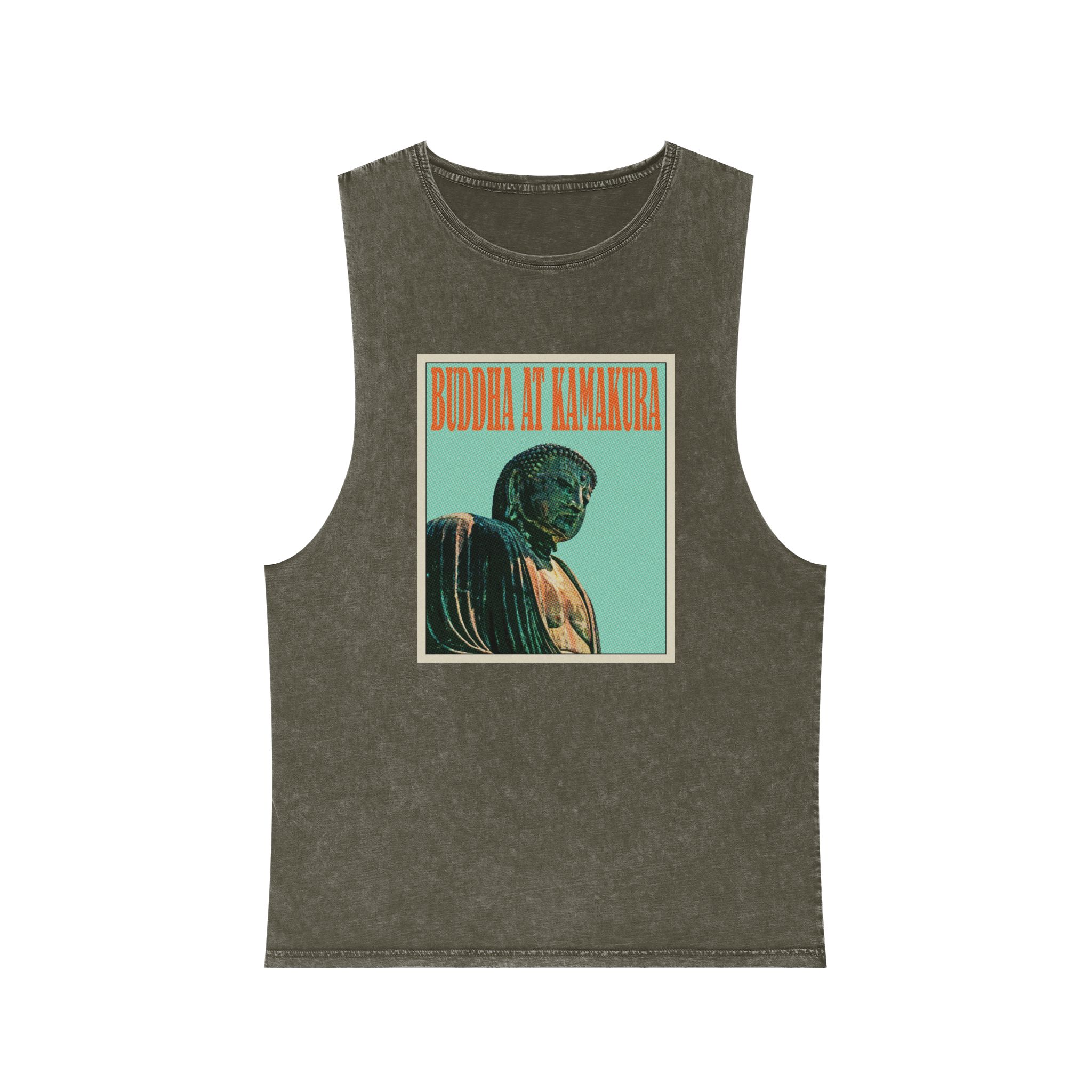 Buddha Kamakura Retro Travel Poster Unisex Stonewash Tank Top - Image 5