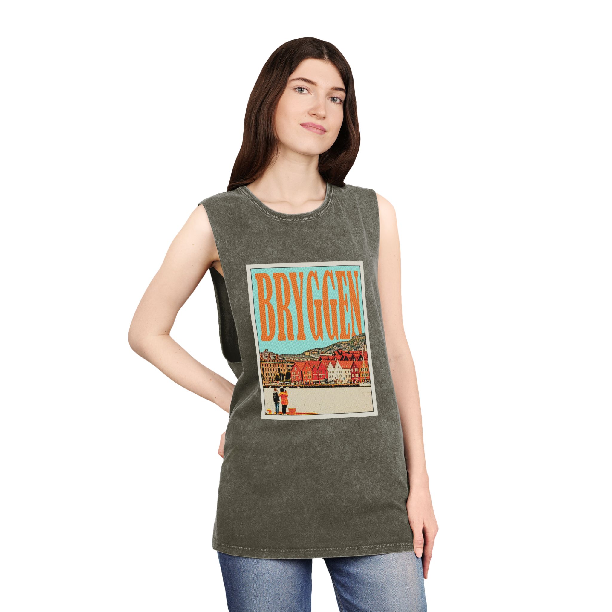 Bryggen Retro Travel Poster (1) Unisex Stonewash Tank Top - Image 8