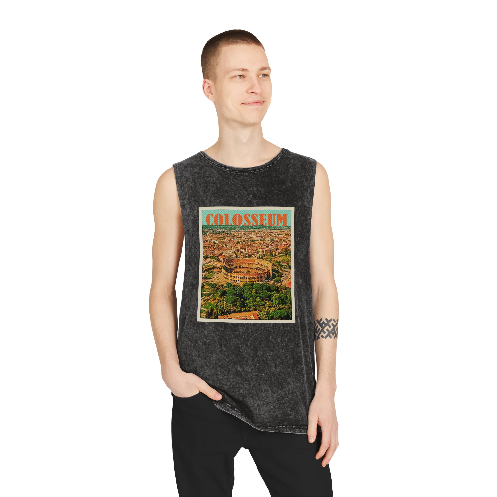 Colosseum Retro Travel Poster Unisex Stonewash Tank Top - Image 3