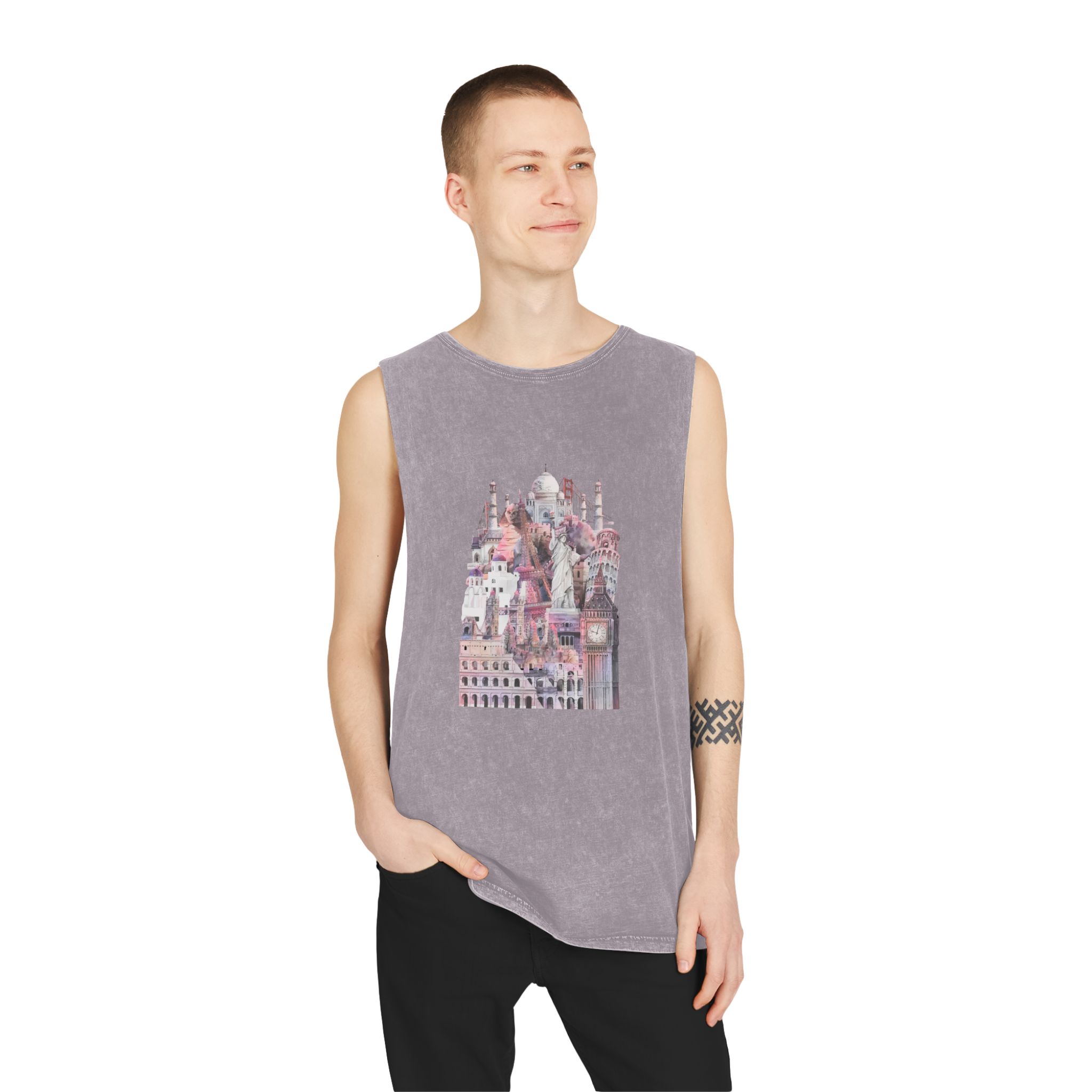 Collection Architectural Landmarks Painted By Watercolor Unisex Stonewash Tank Top - Image 19