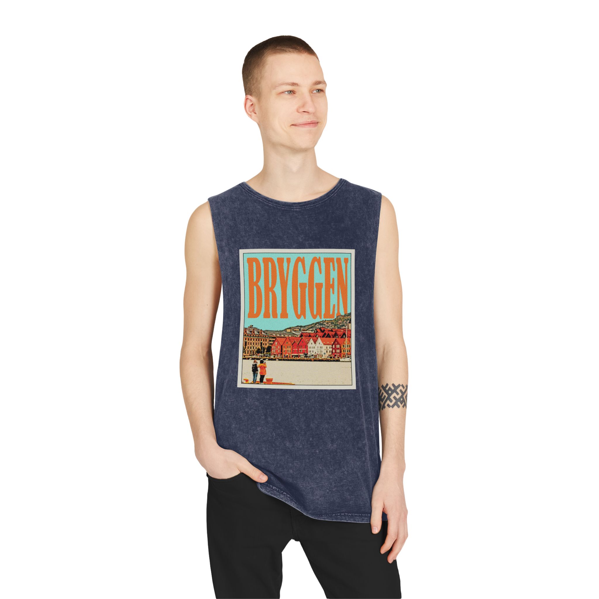 Bryggen Retro Travel Poster (1) Unisex Stonewash Tank Top - Image 15