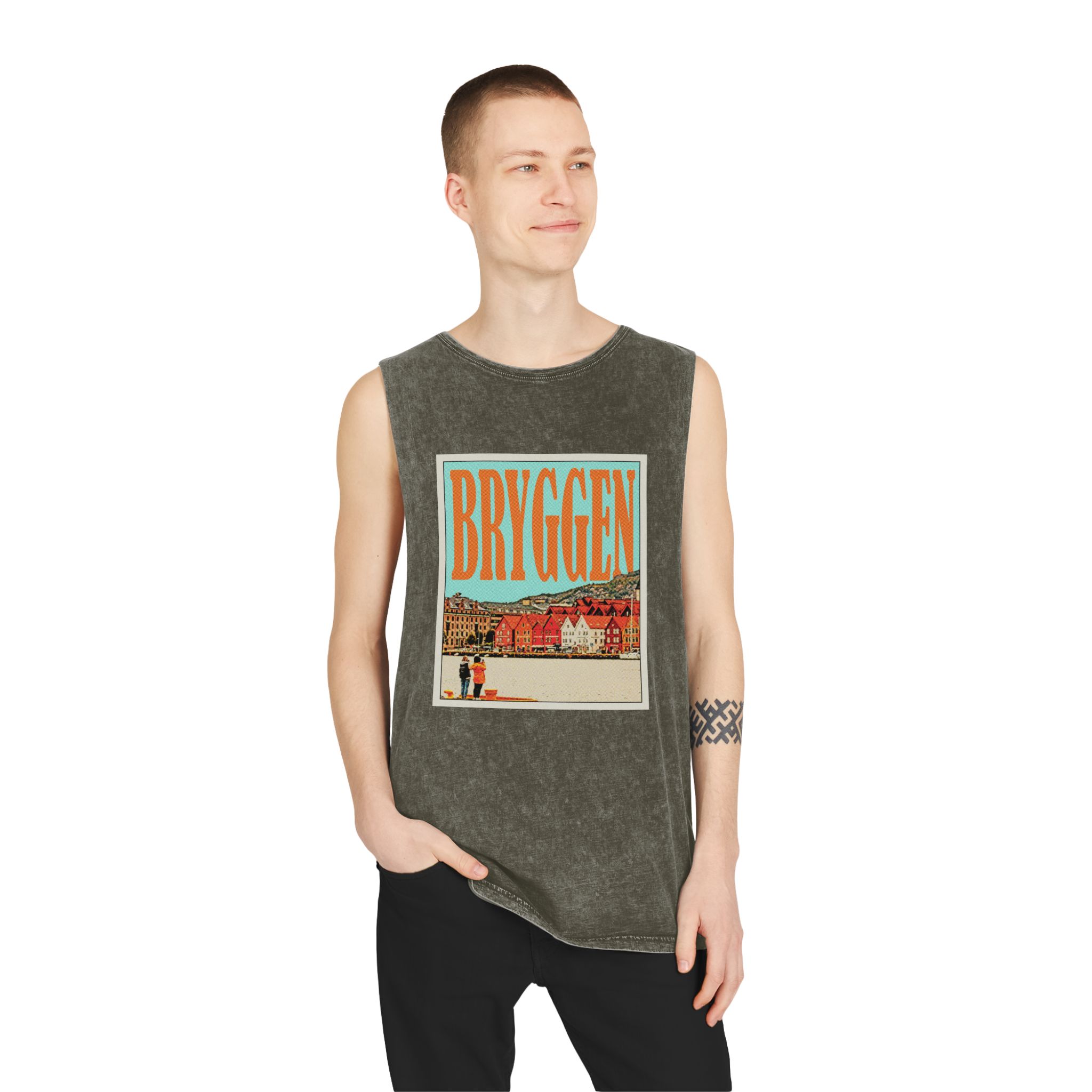 Bryggen Retro Travel Poster (1) Unisex Stonewash Tank Top - Image 7