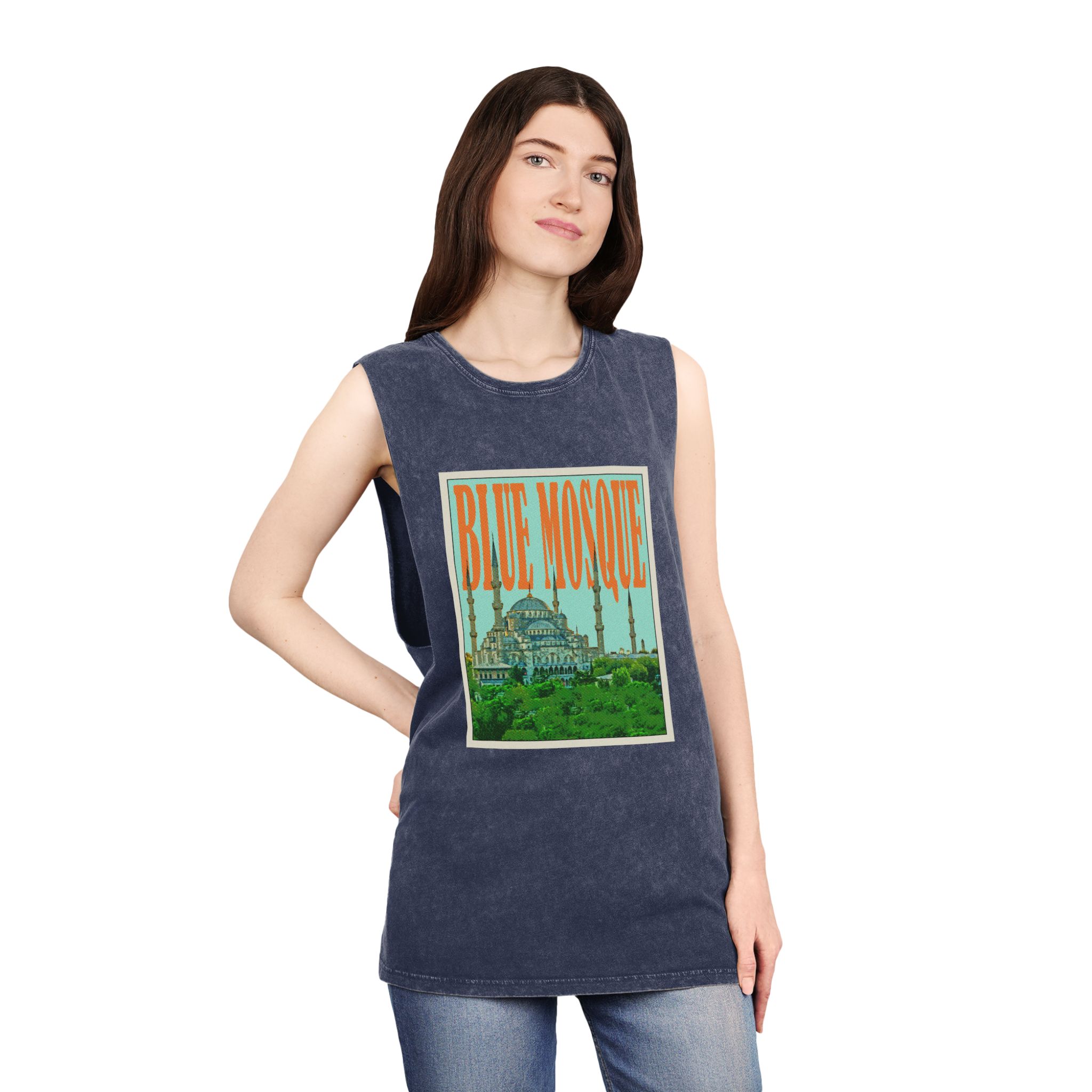 Blue Mosque Retro Travel Poster Unisex Stonewash Tank Top - Image 16