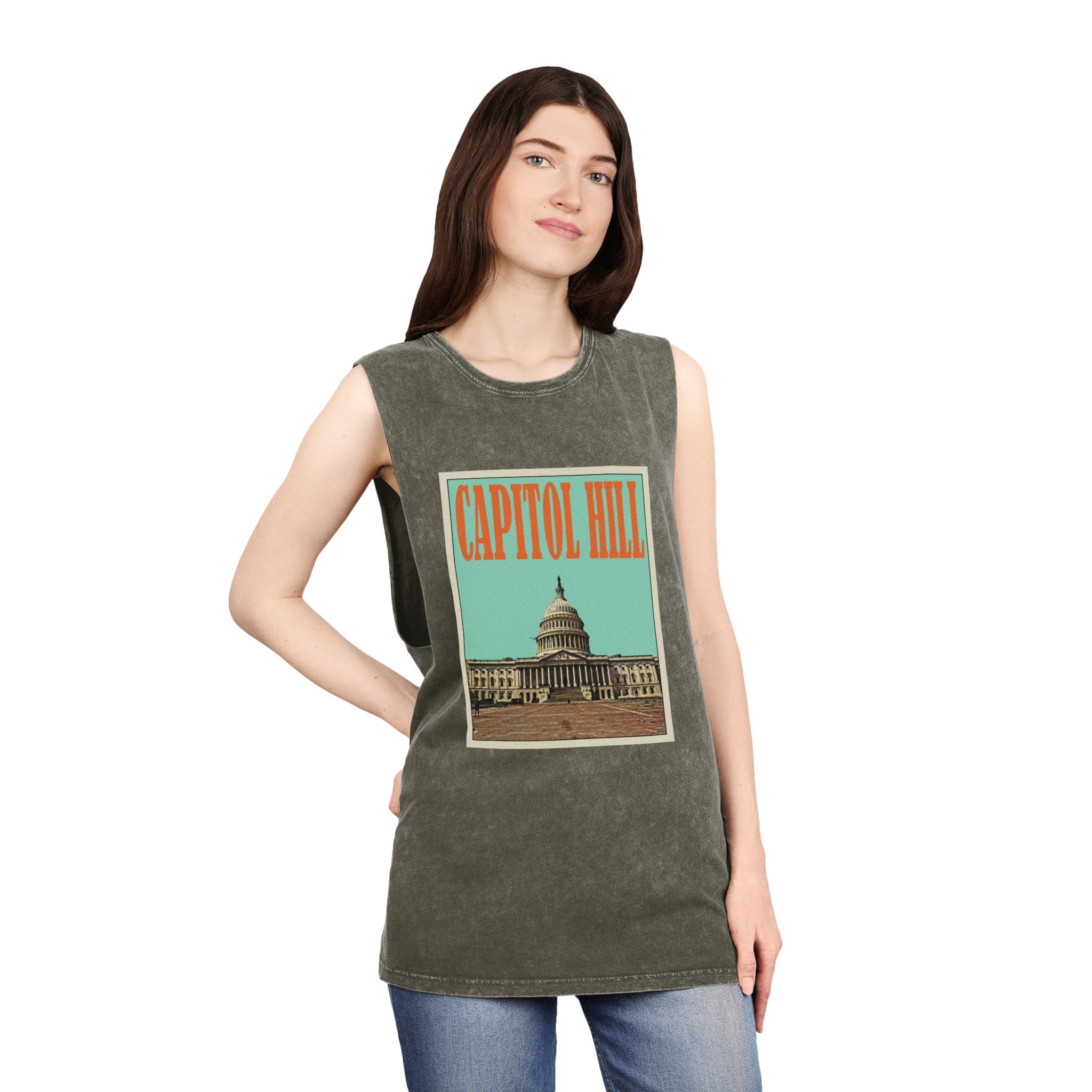 Capitol Hill Retro Travel Poster Unisex Stonewash Tank Top - Image 8