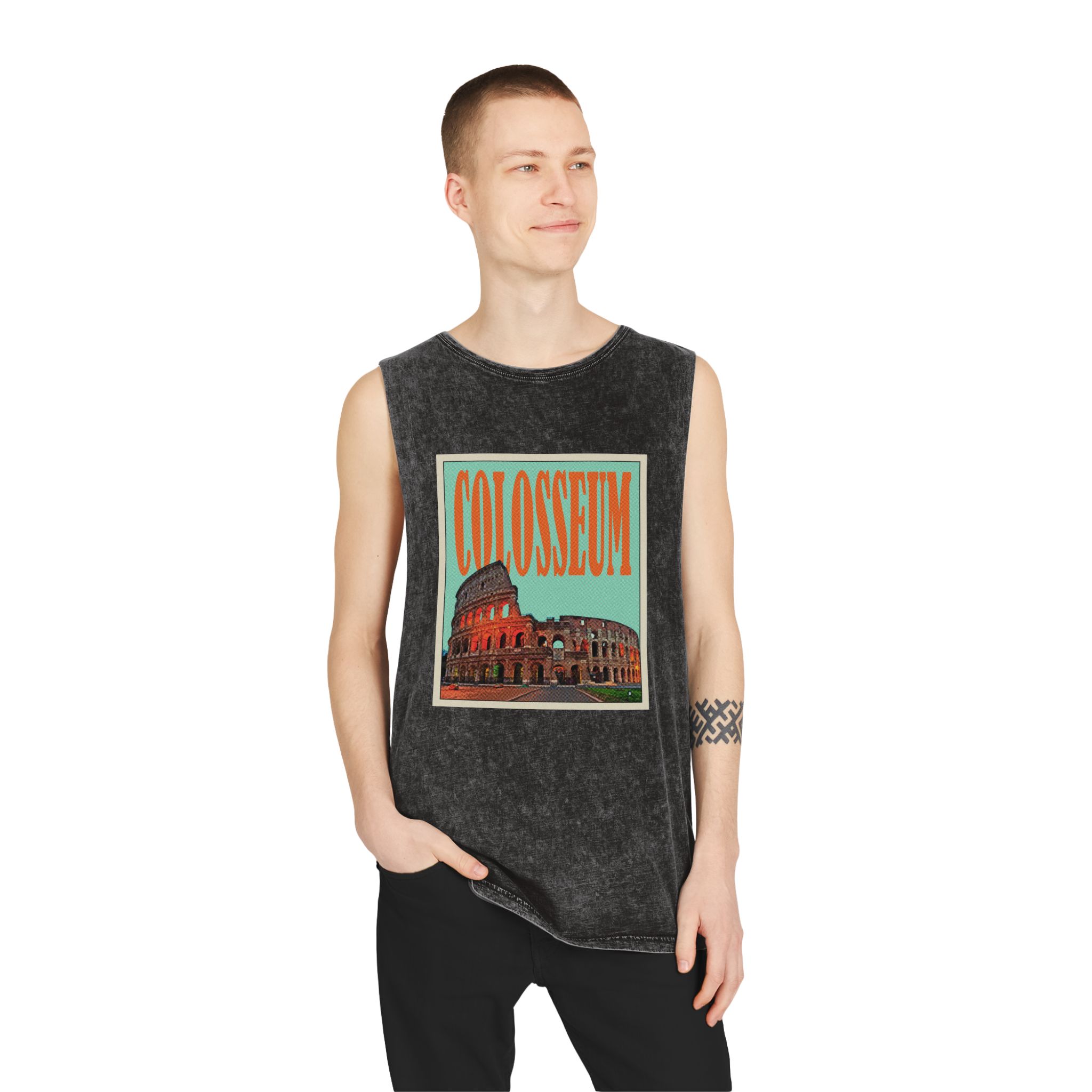 Colosseum Retro Travel Poster (1) Unisex Stonewash Tank Top - Image 3