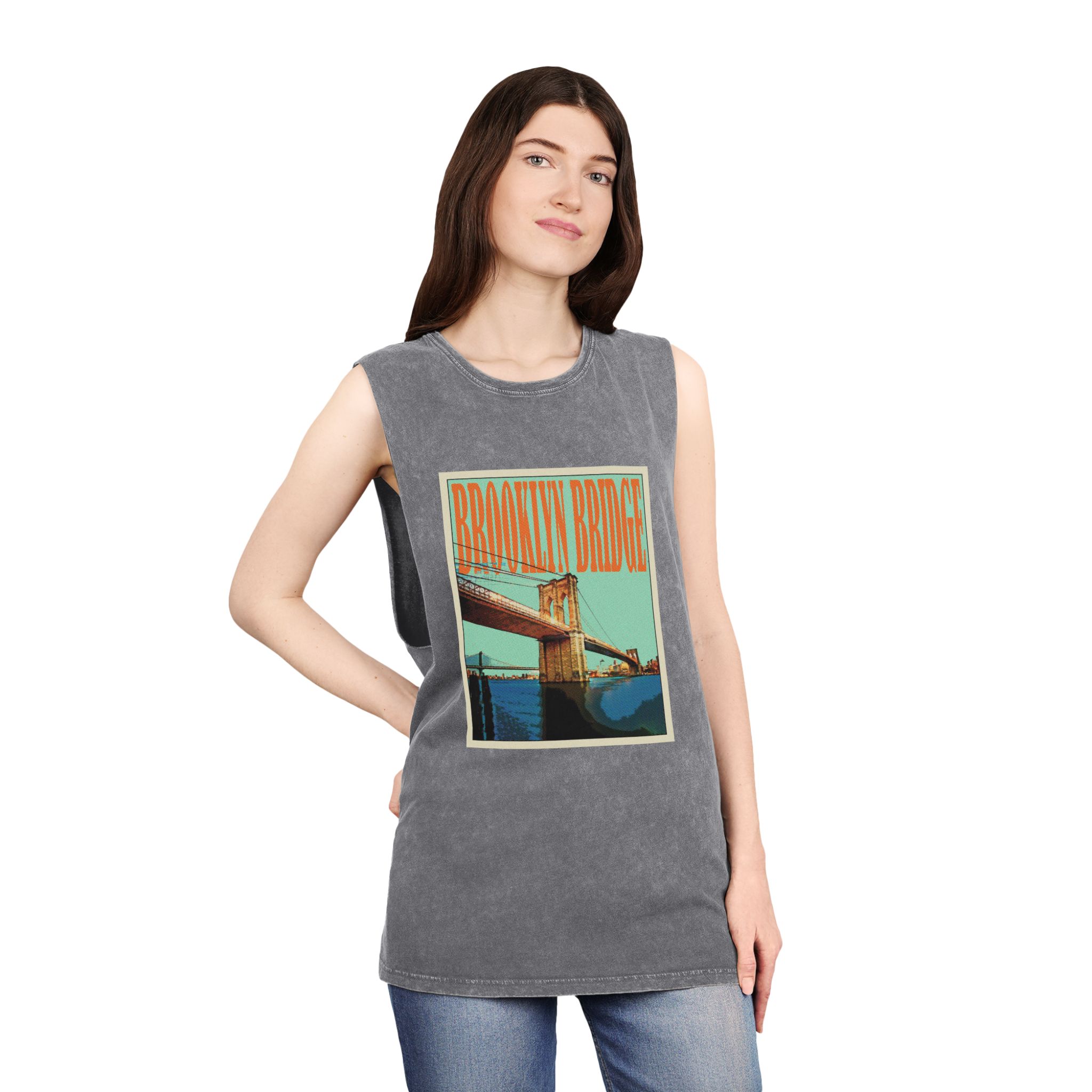 Brooklyn Bridge Retro Travel Poster Unisex Stonewash Tank Top - Image 12