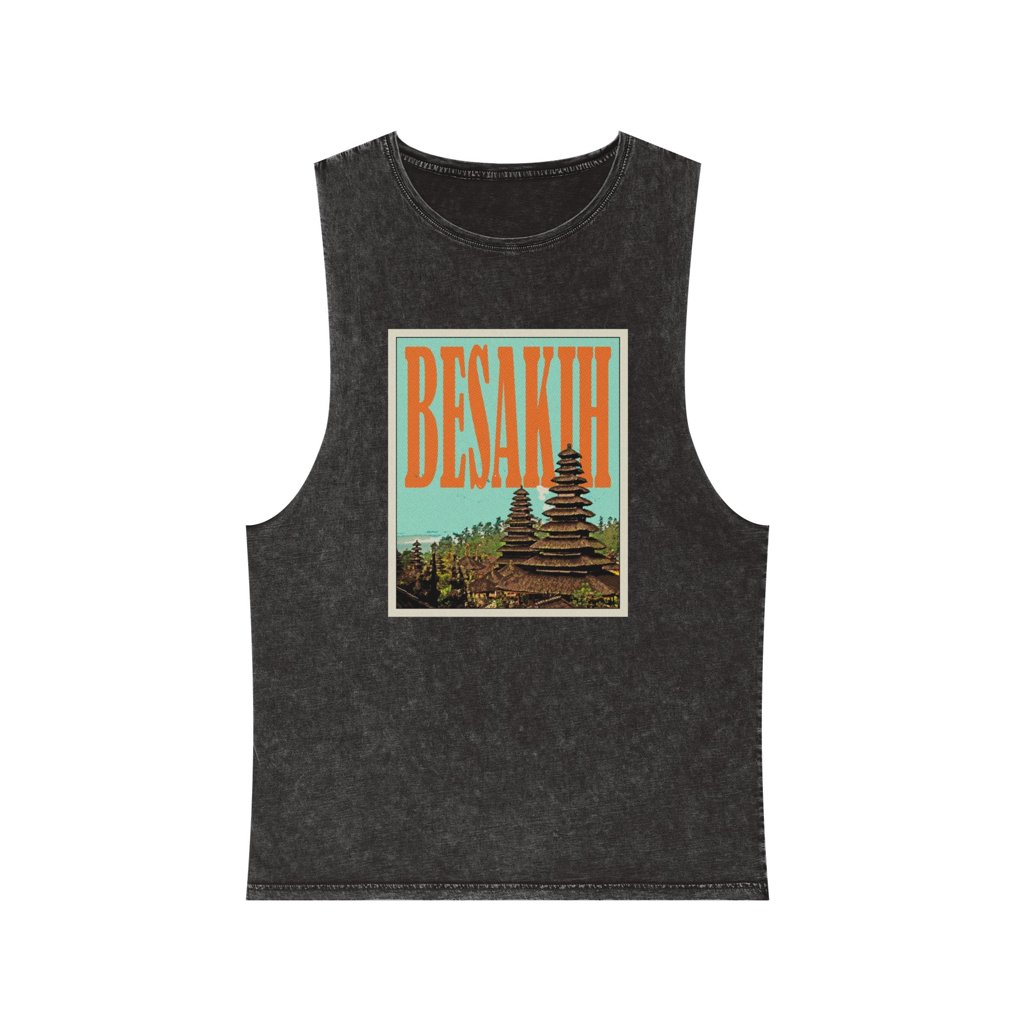 Besakih Retro Travel Poster Unisex Stonewash Tank Top