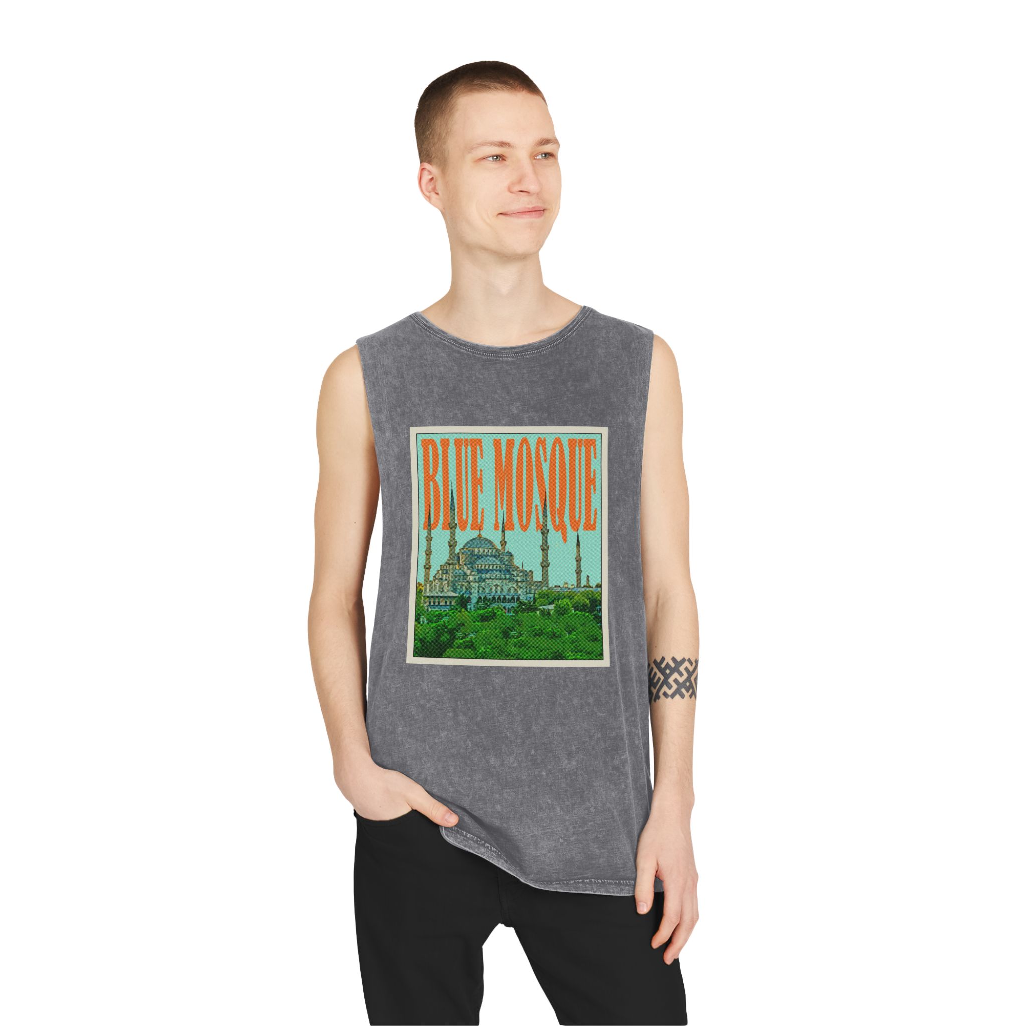 Blue Mosque Retro Travel Poster Unisex Stonewash Tank Top - Image 11