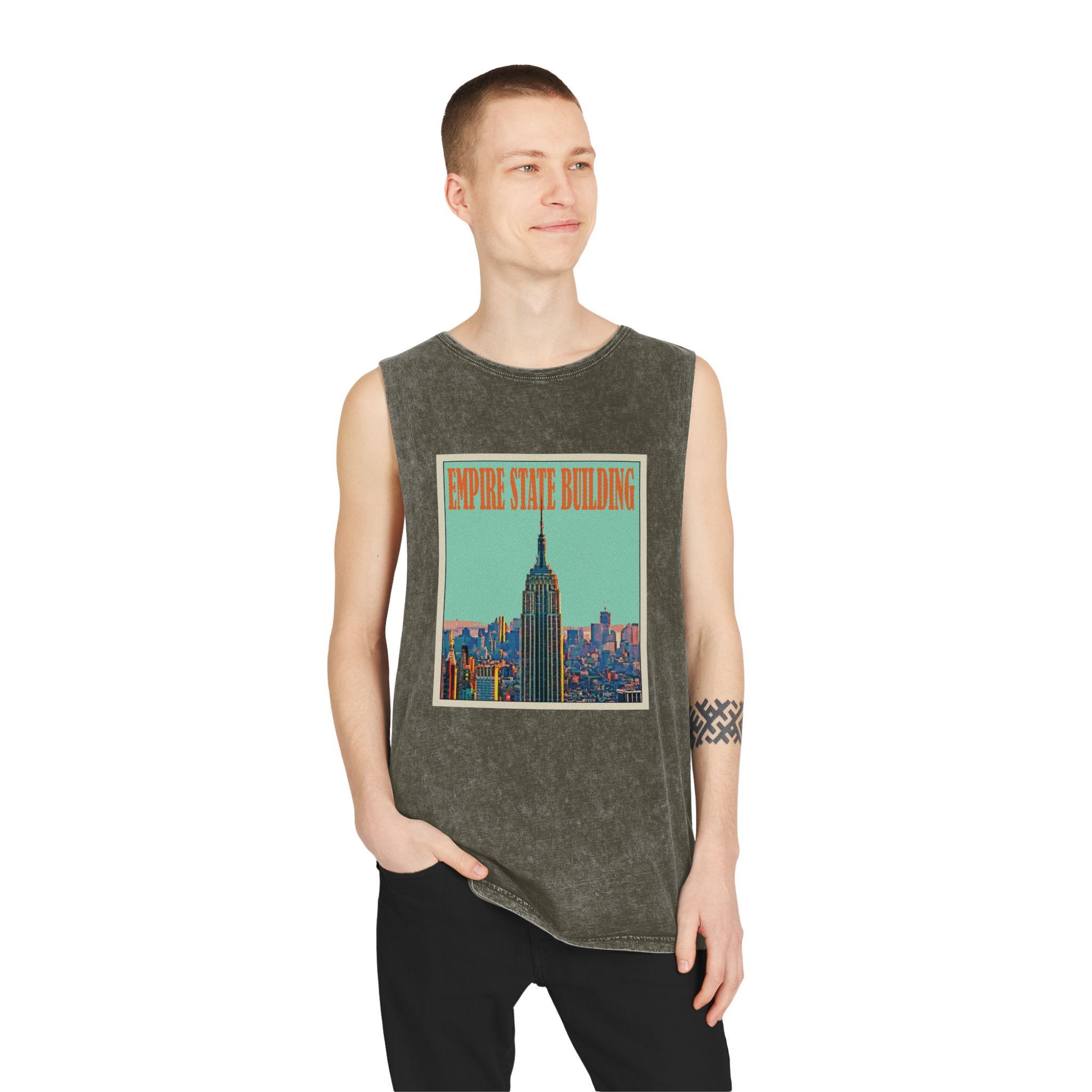 Empire State Building Retro Travel Poster Unisex Stonewash Tank Top - Image 7
