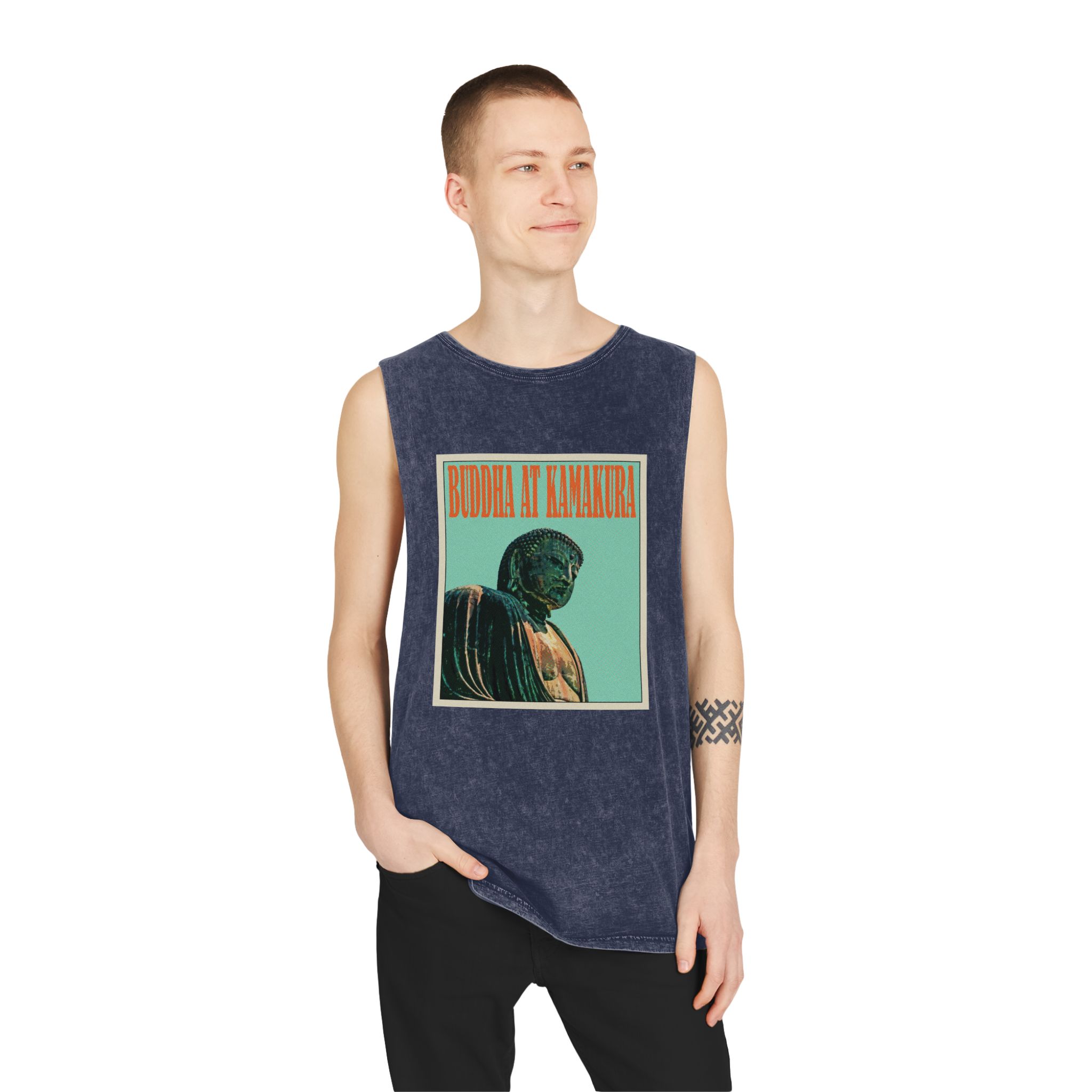 Buddha Kamakura Retro Travel Poster Unisex Stonewash Tank Top - Image 15