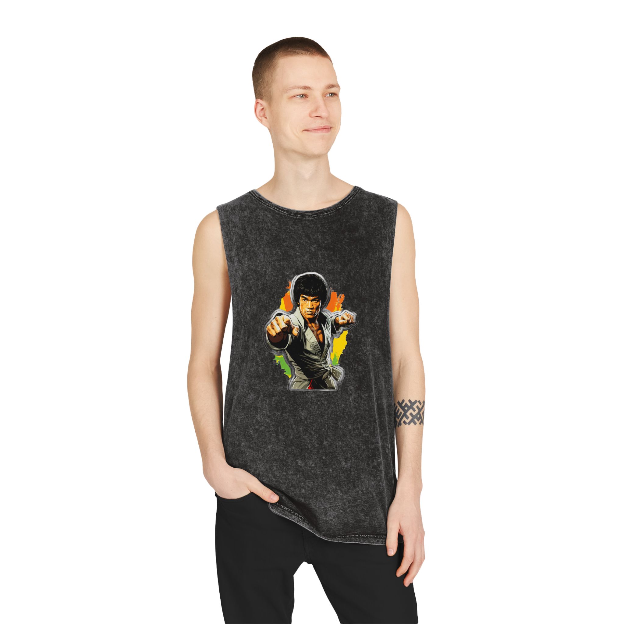 Bruce Lee In A Fighting Stance Unisex Stonewash Tank Top - Image 3