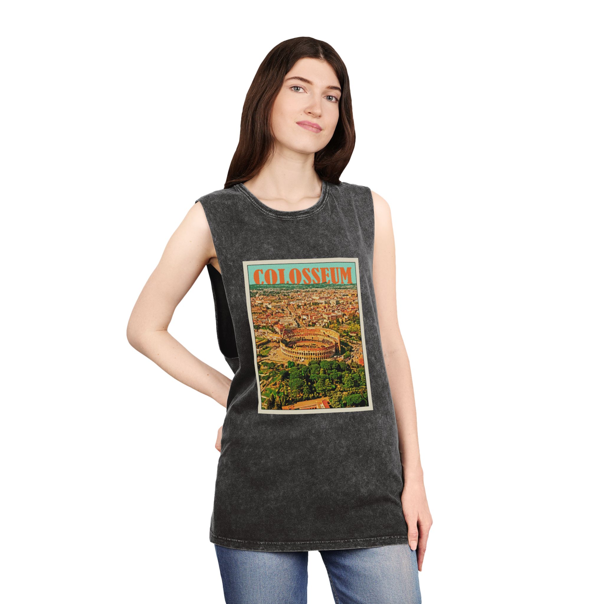 Colosseum Retro Travel Poster Unisex Stonewash Tank Top - Image 4