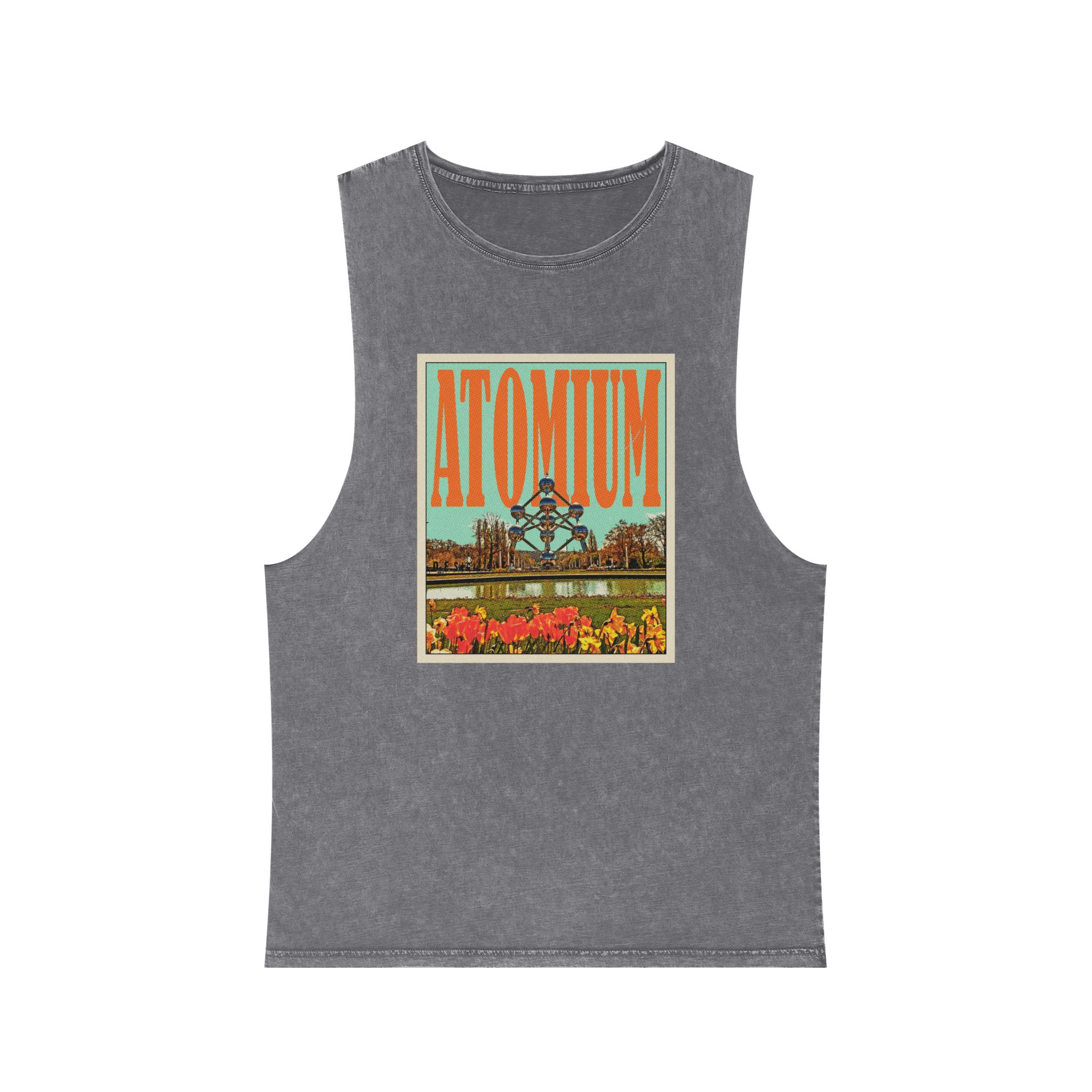 Atomium Retro Travel Poster Unisex Stonewash Tank Top - Image 9