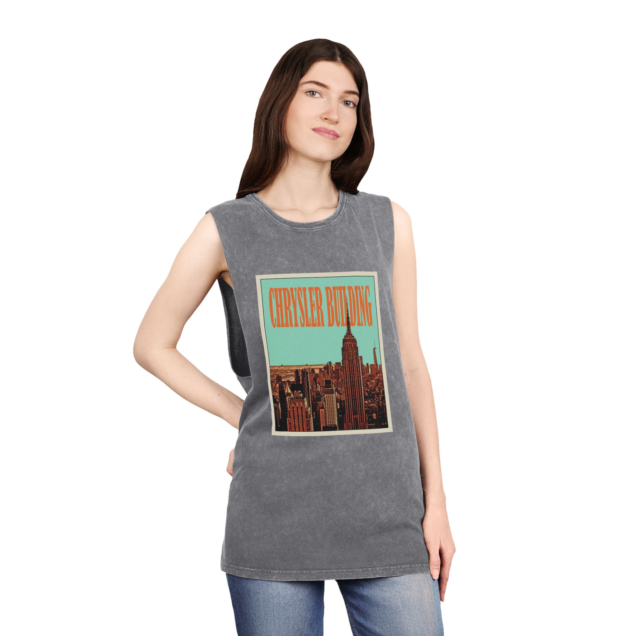 Chrysler Building Retro Travel Poster Unisex Stonewash Tank Top - Image 12