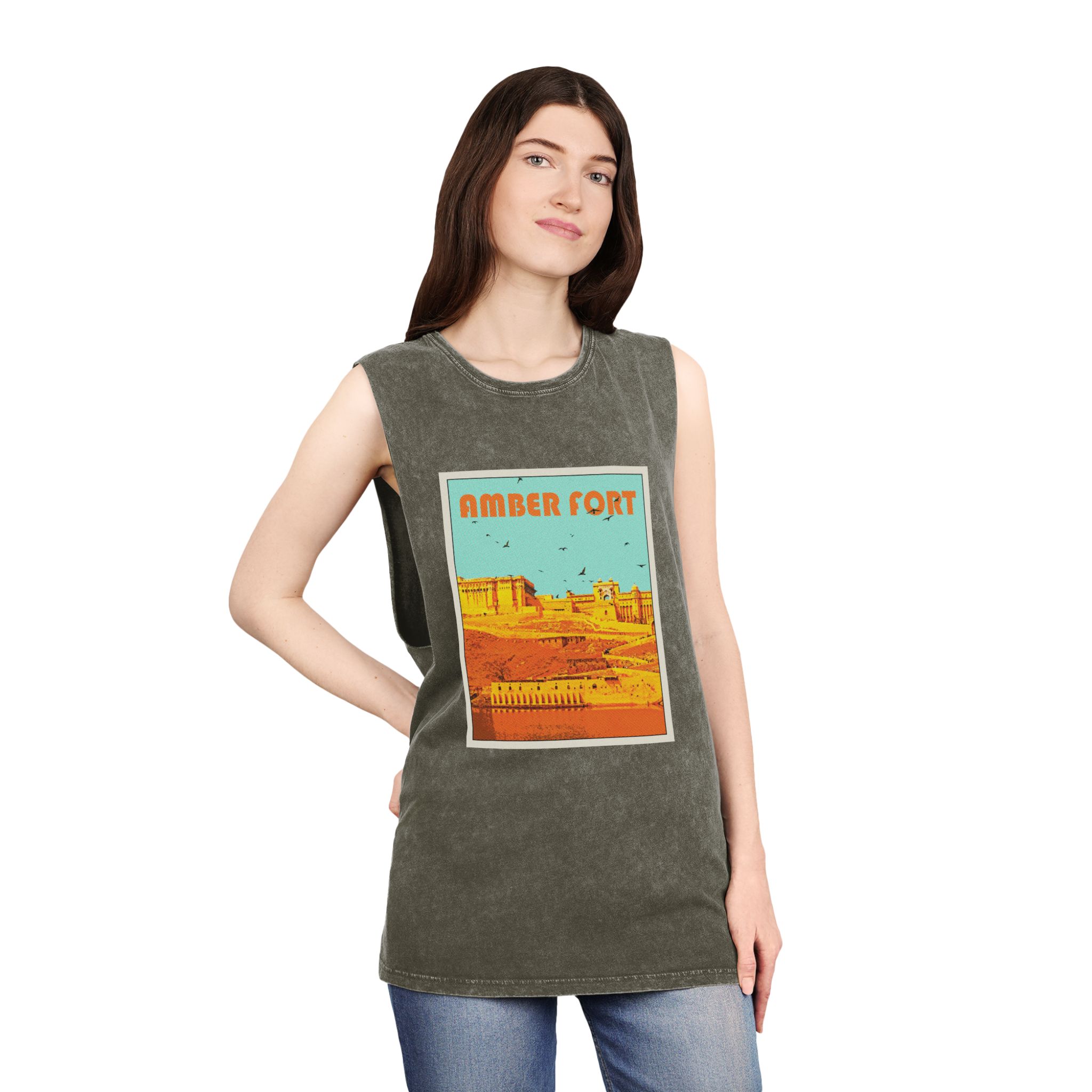 Amber Fort Retro Travel Poster Unisex Stonewash Tank Top - Image 8