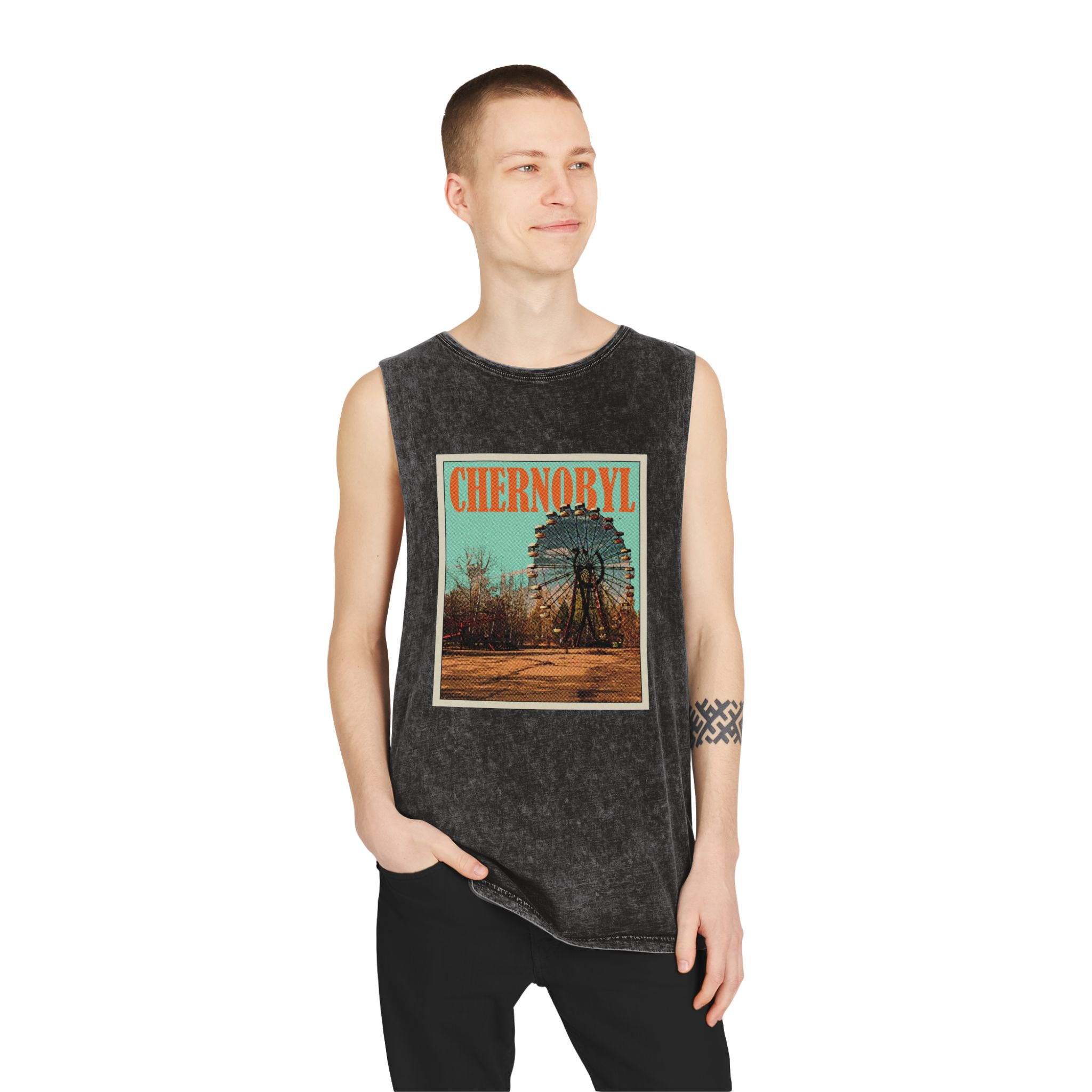 Chernobyl Retro Travel Poster Unisex Stonewash Tank Top - Image 3