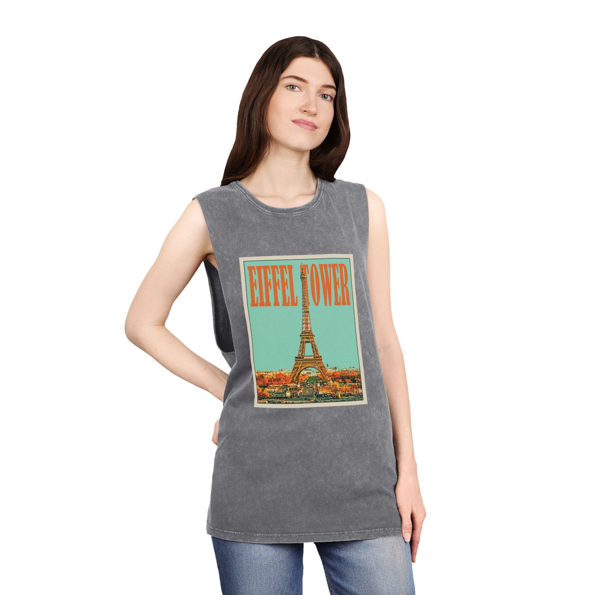 Eiffel Tower Retro Travel Poster (1) Unisex Stonewash Tank Top - Image 12