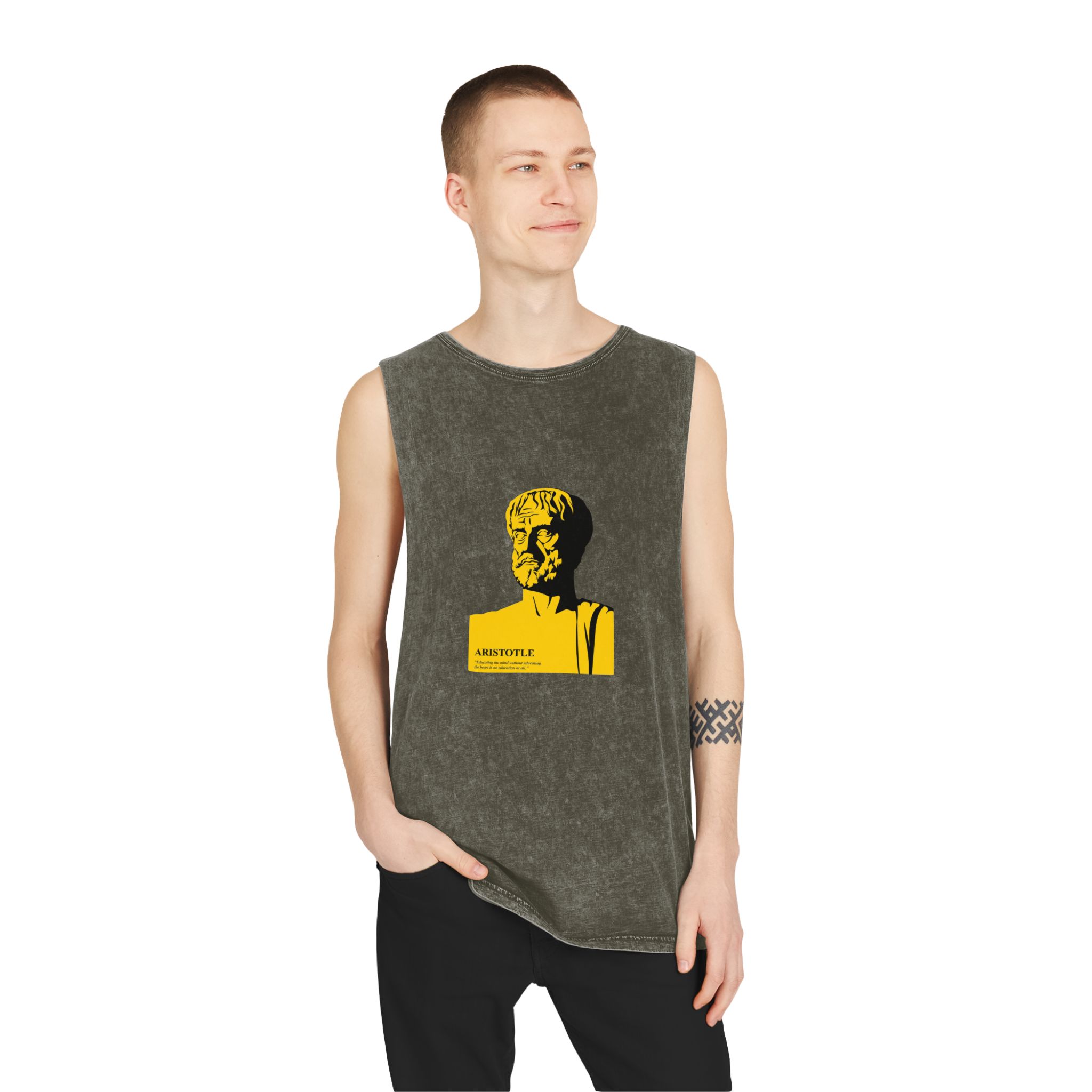 Aristotle Silhuette Flat Art Graphic Art Aristotle With Quote Unisex Stonewash Tank Top - Image 7