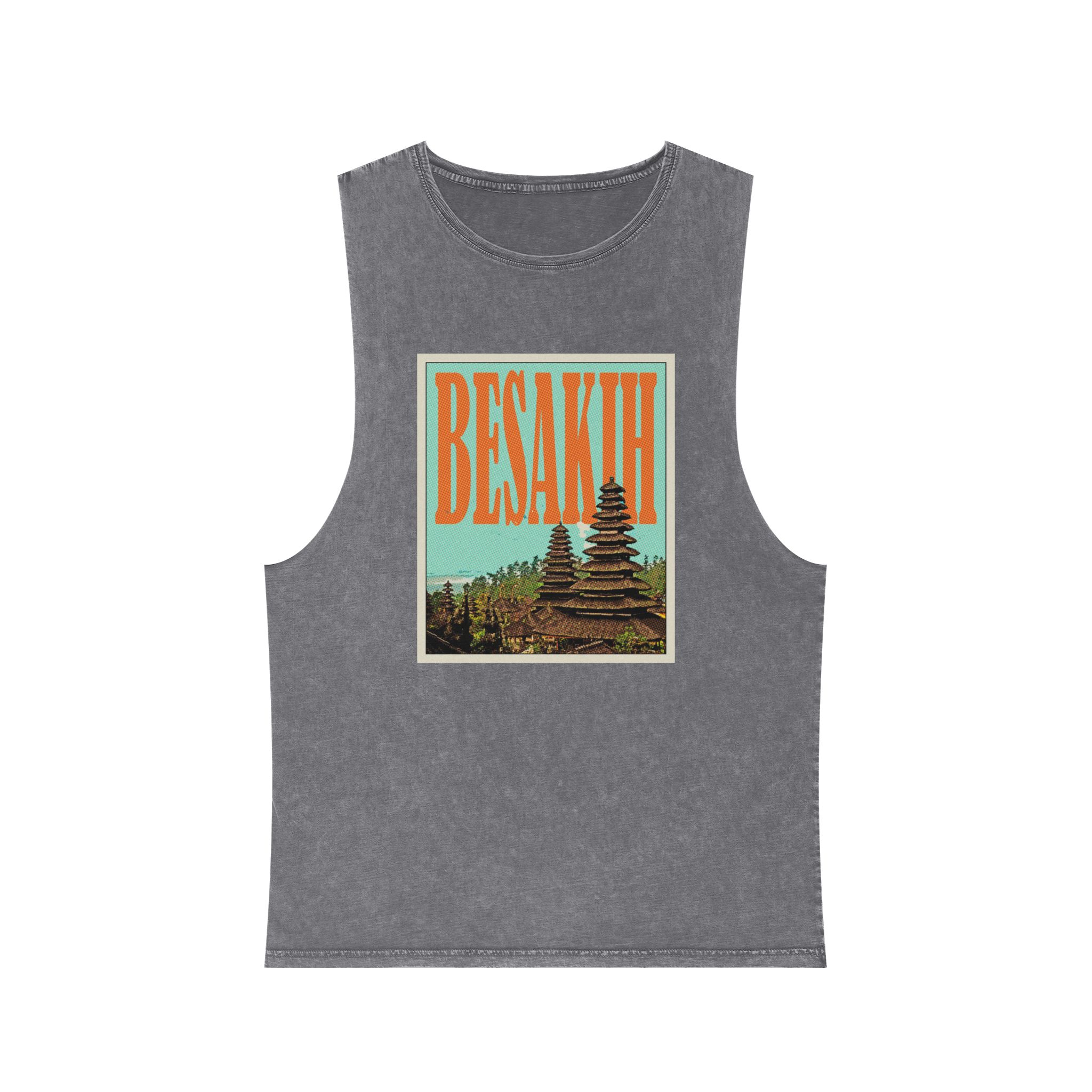 Besakih Retro Travel Poster Unisex Stonewash Tank Top - Image 9
