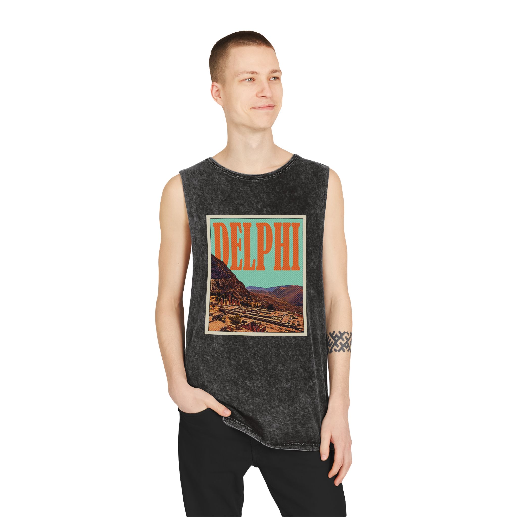 Delphi Retro Travel Poster Unisex Stonewash Tank Top - Image 3