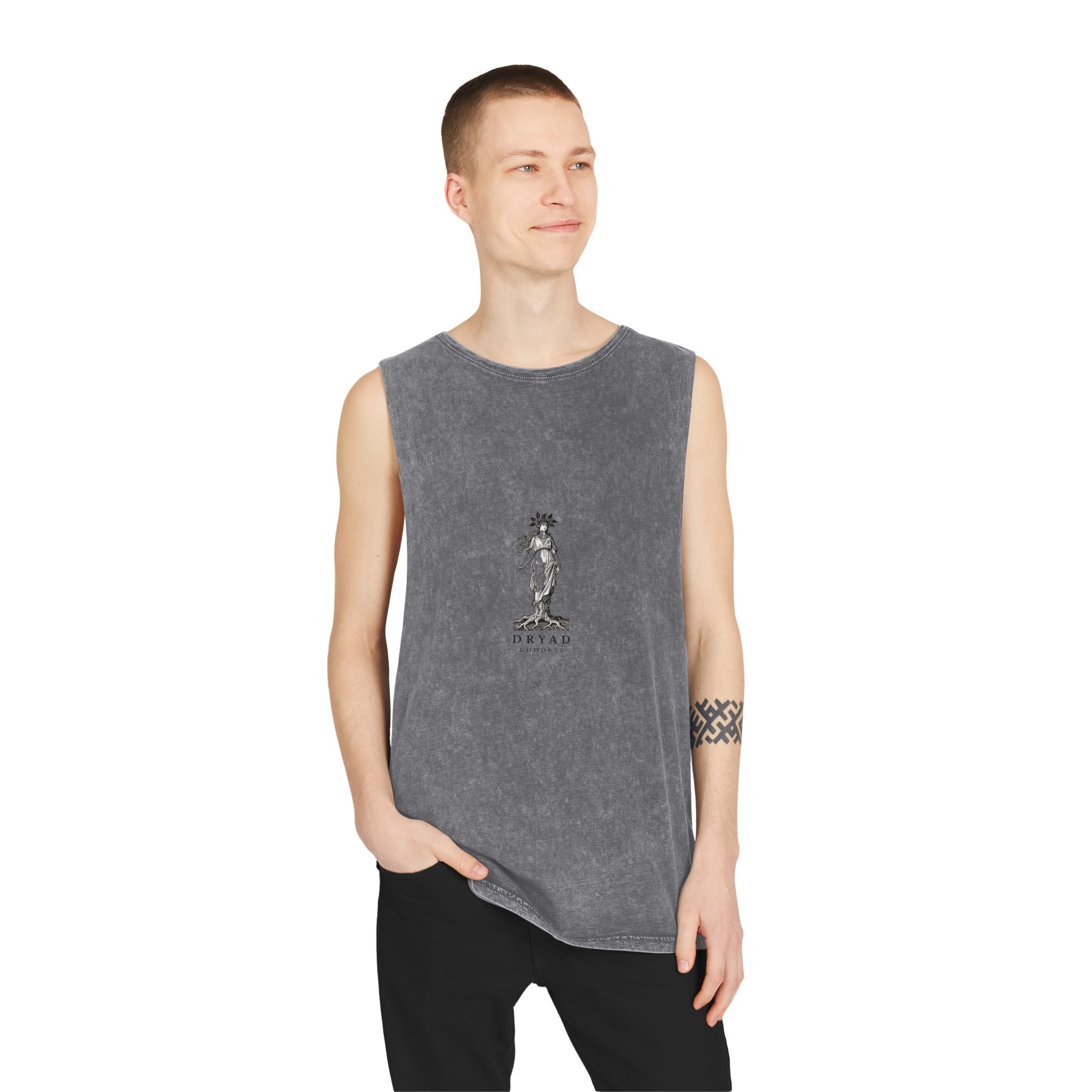 Engraved Logo Dryad Tree Spirit Woman With Roots Branches Symbolizing Forest Goddess Unisex Stonewash Tank Top - Image 11