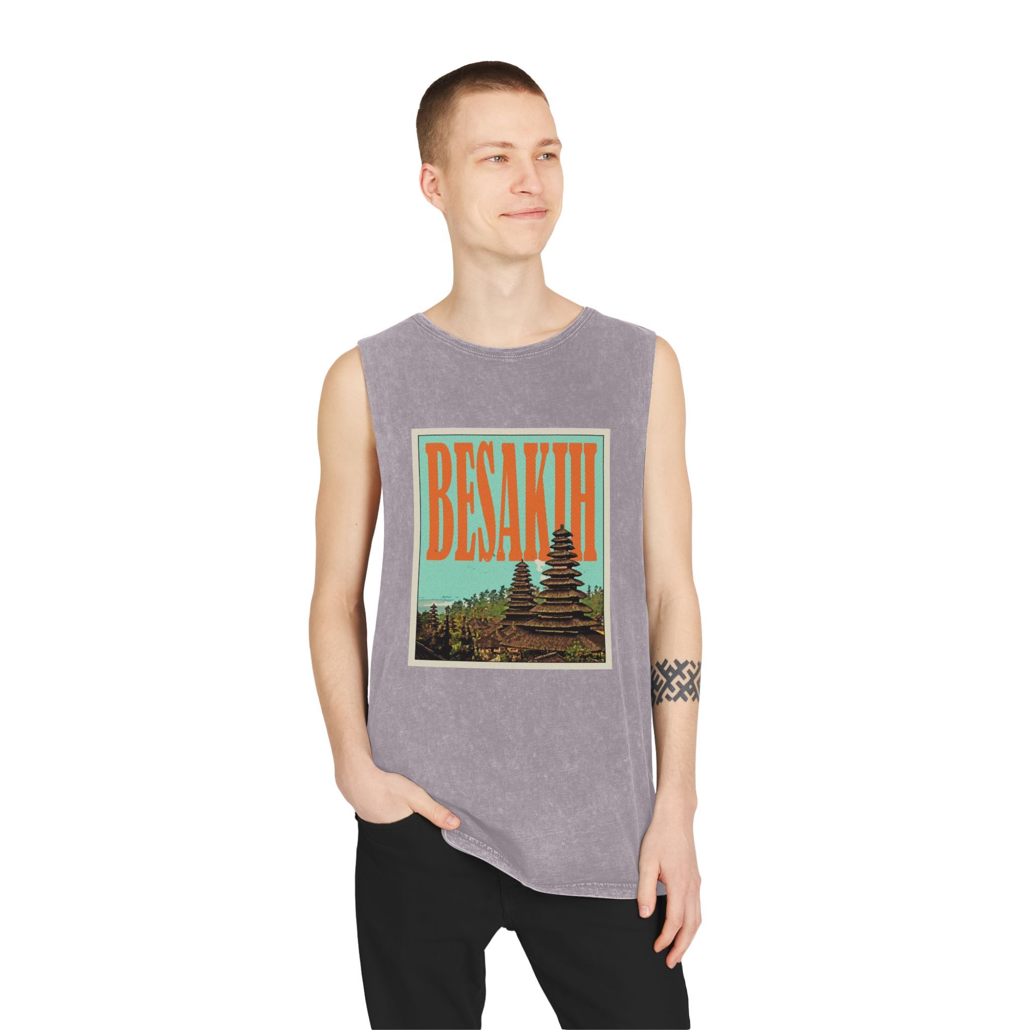Besakih Retro Travel Poster Unisex Stonewash Tank Top - Image 19