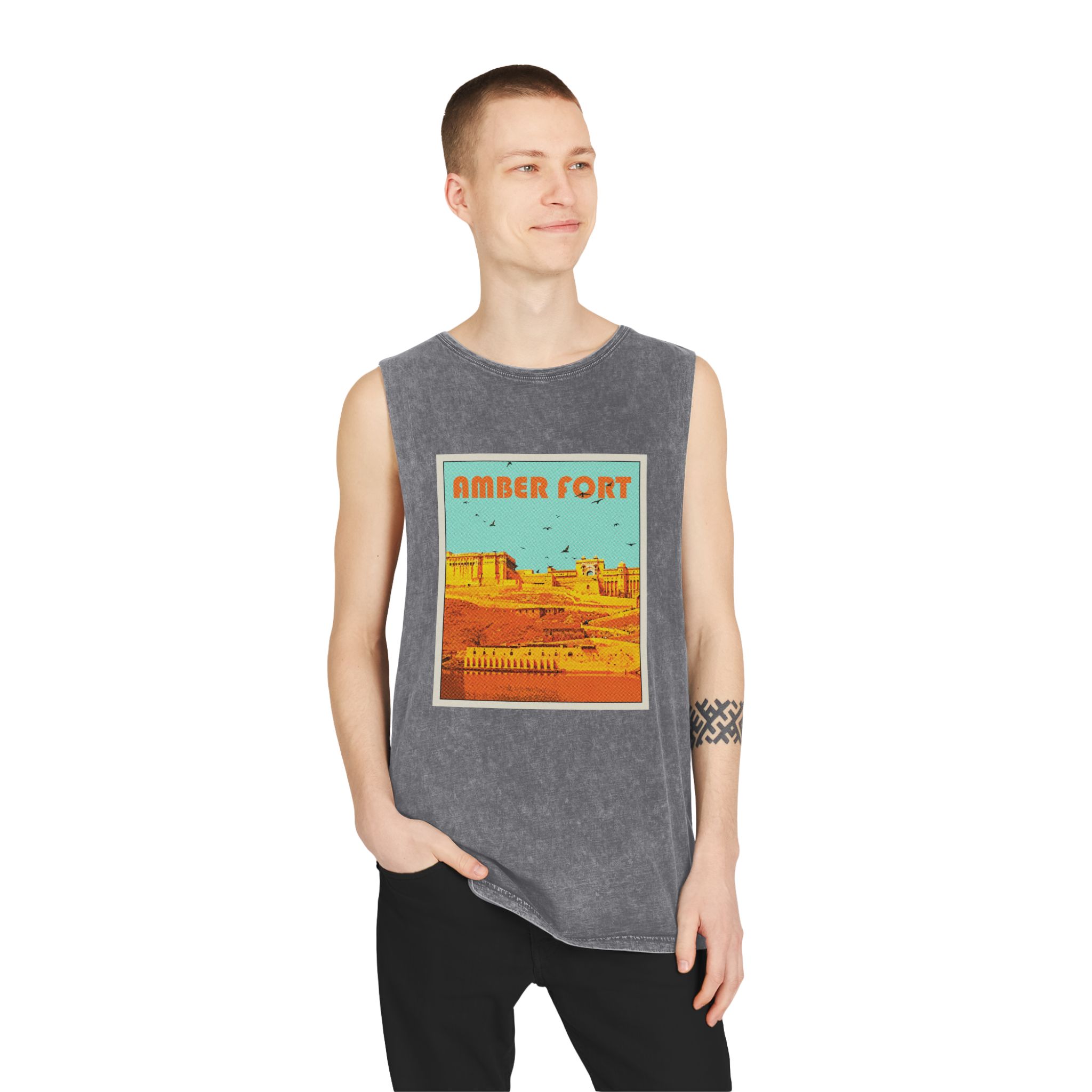 Amber Fort Retro Travel Poster Unisex Stonewash Tank Top - Image 11