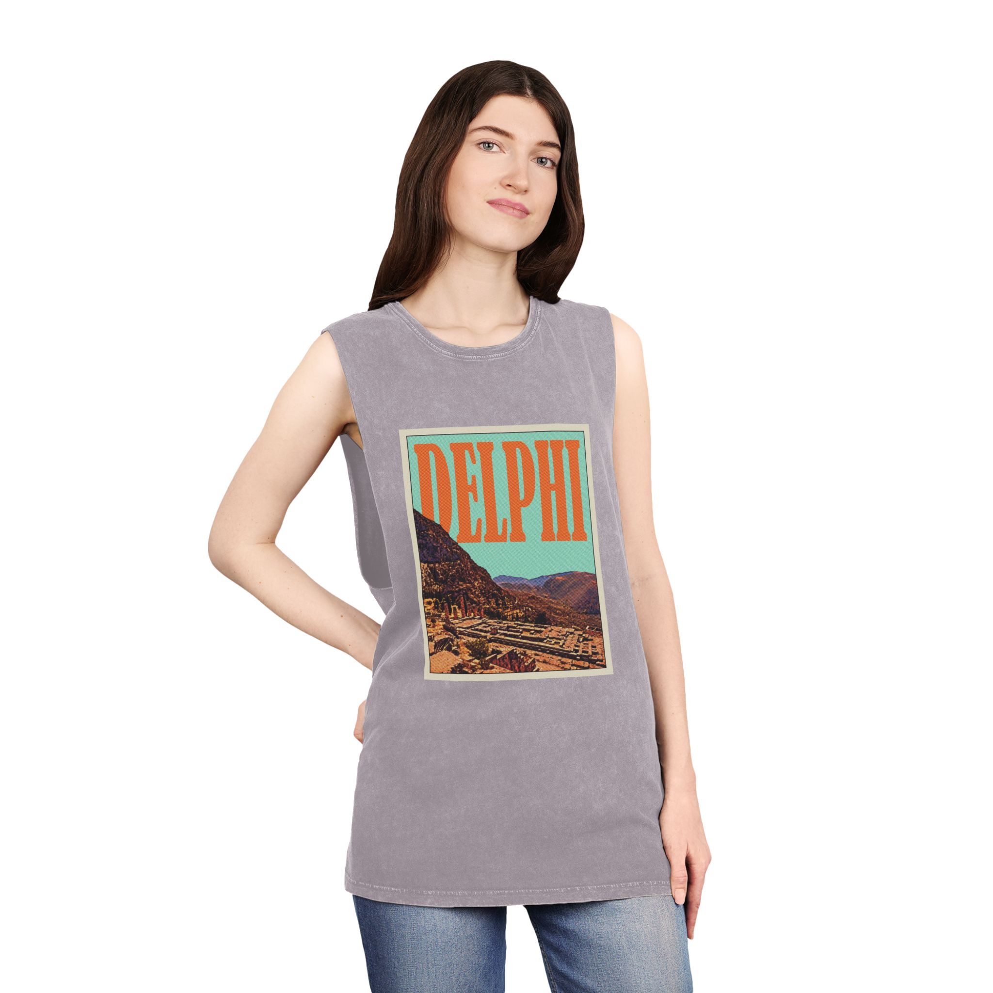 Delphi Retro Travel Poster Unisex Stonewash Tank Top - Image 20