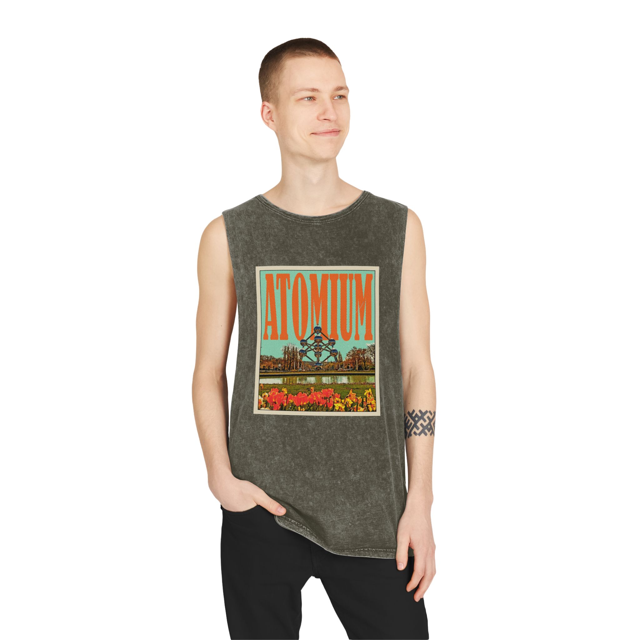 Atomium Retro Travel Poster Unisex Stonewash Tank Top - Image 7