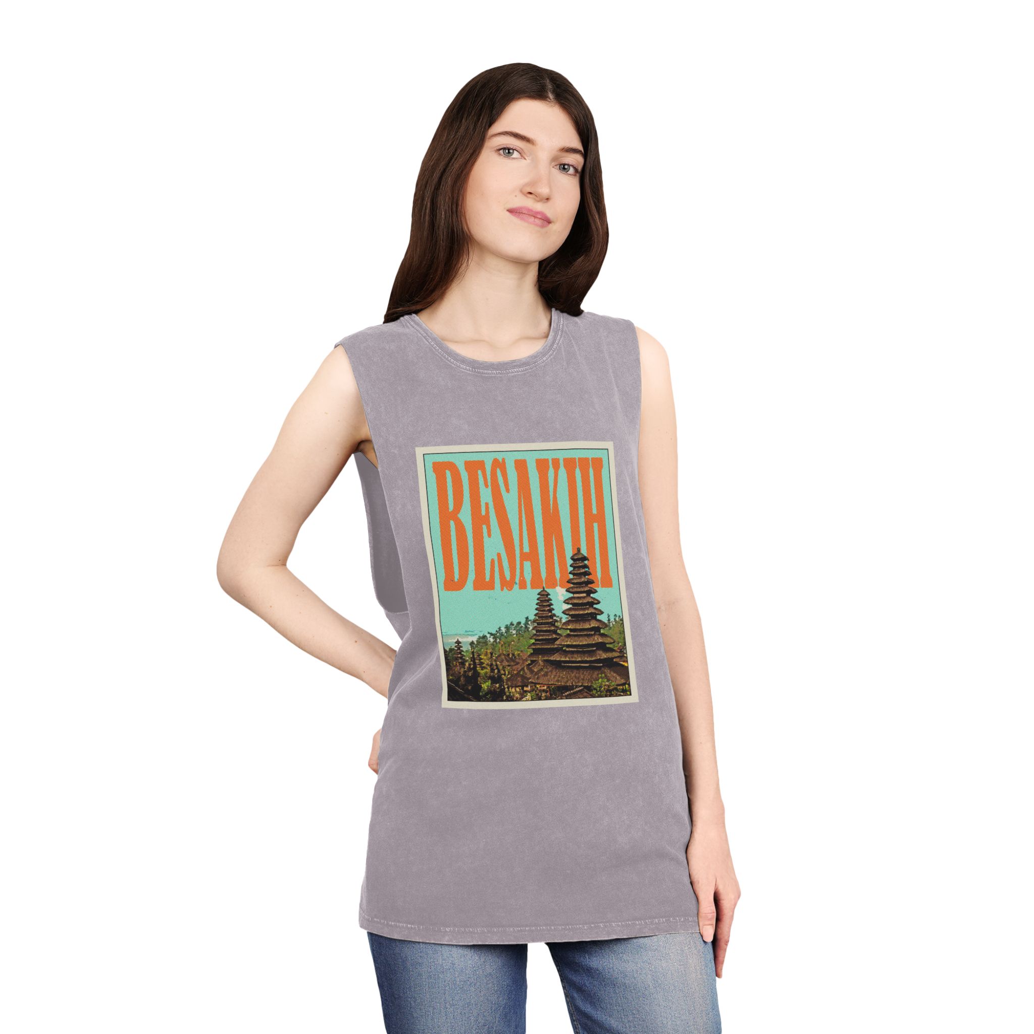 Besakih Retro Travel Poster Unisex Stonewash Tank Top - Image 20