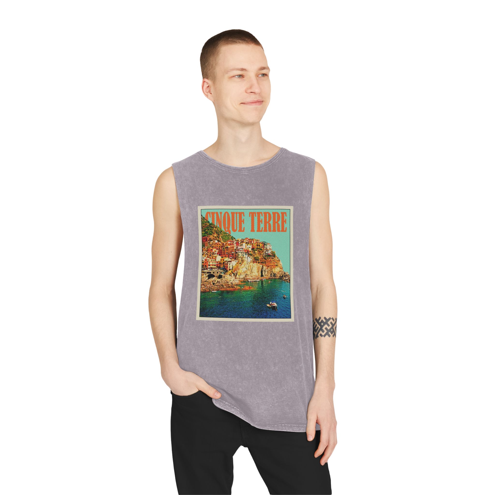 Cinque Terre Retro Travel Poster Unisex Stonewash Tank Top - Image 19