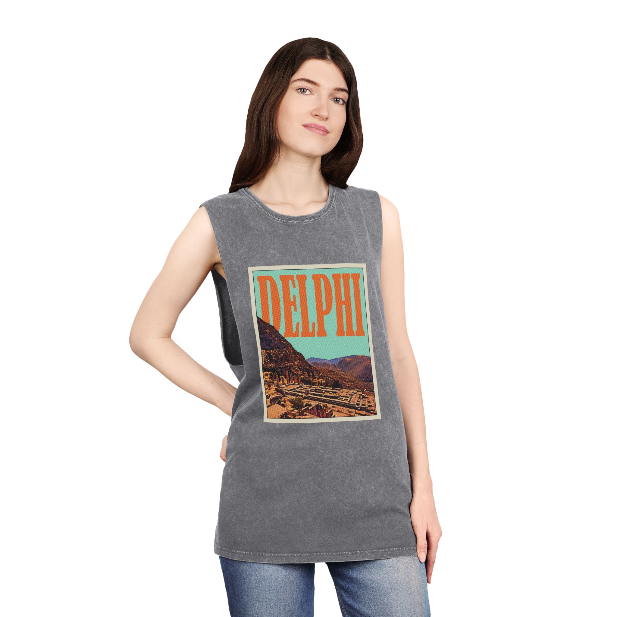 Delphi Retro Travel Poster Unisex Stonewash Tank Top - Image 12
