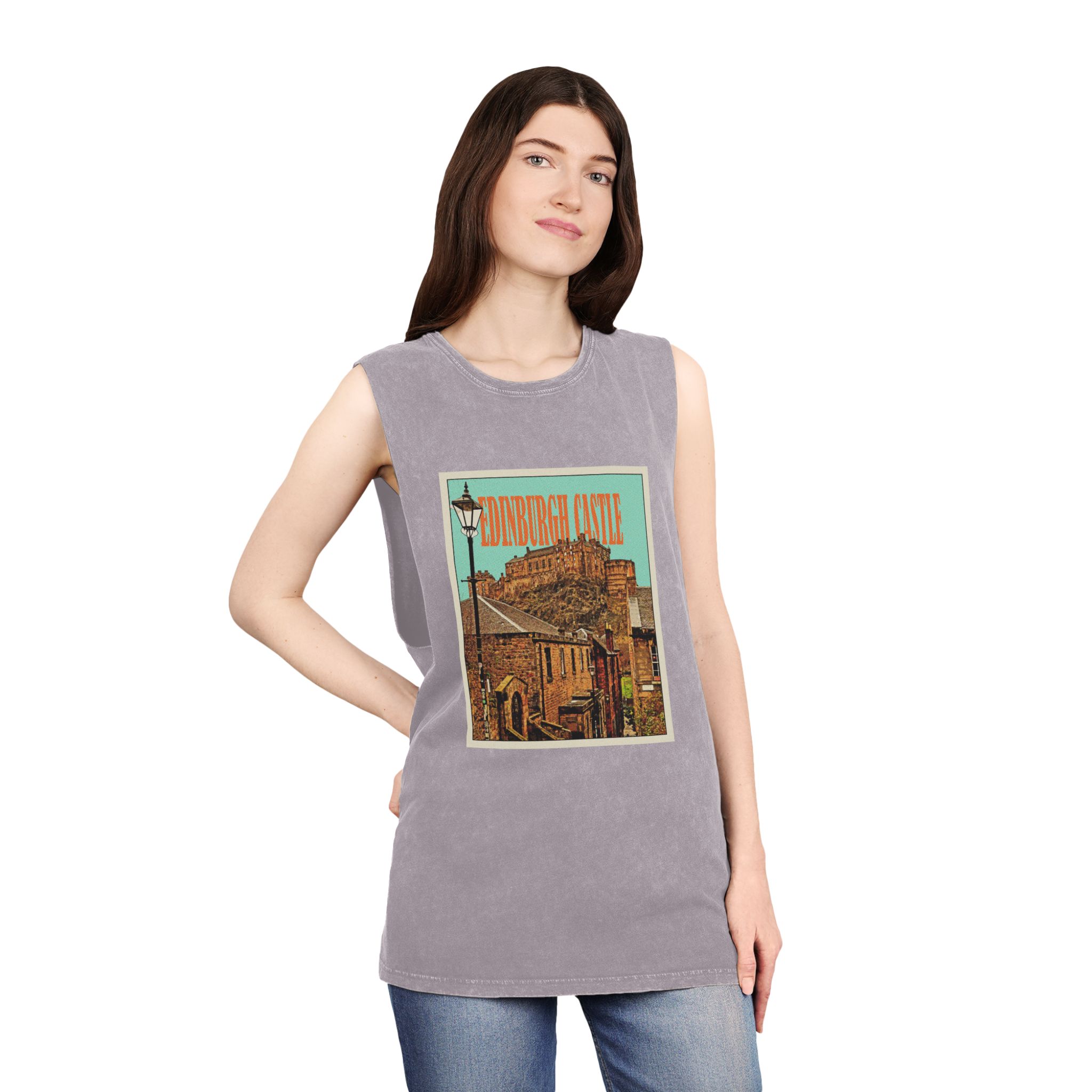 Edinburgh Castle Retro Travel Poster Unisex Stonewash Tank Top - Image 20