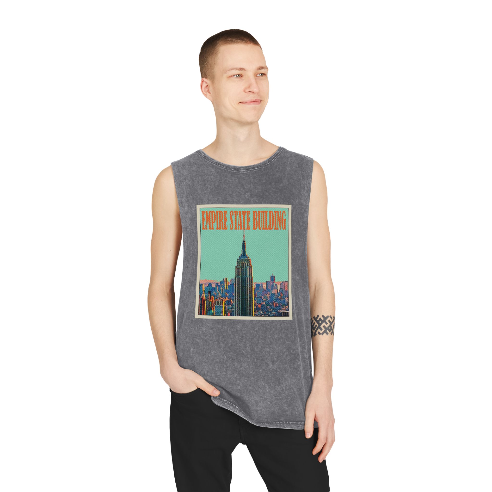 Empire State Building Retro Travel Poster Unisex Stonewash Tank Top - Image 11