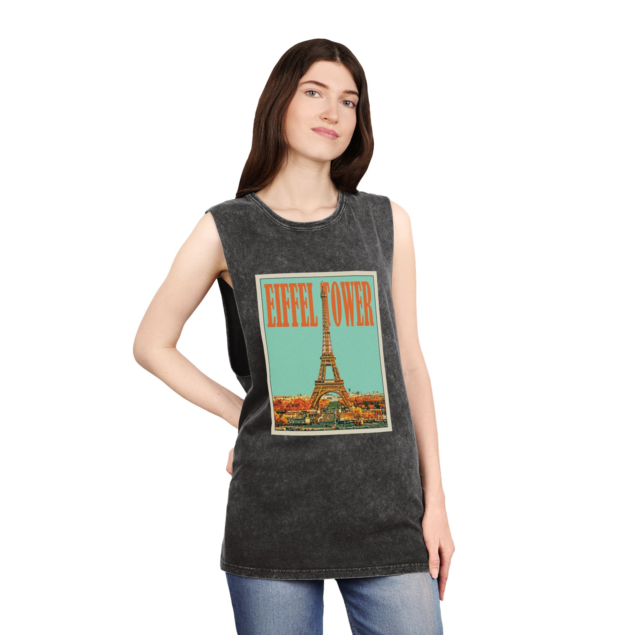 Eiffel Tower Retro Travel Poster (1) Unisex Stonewash Tank Top - Image 4
