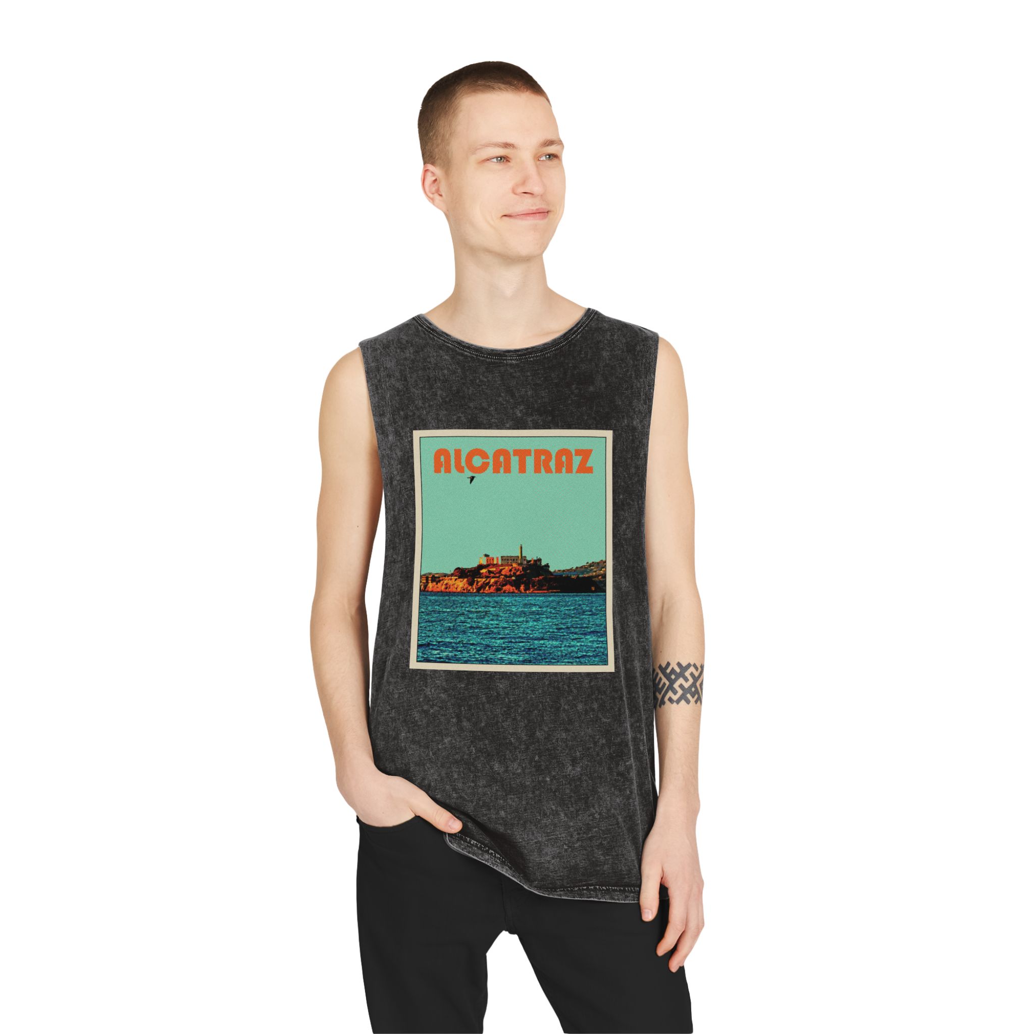 Alcatraz Retro Travel Poster Unisex Stonewash Tank Top - Image 3
