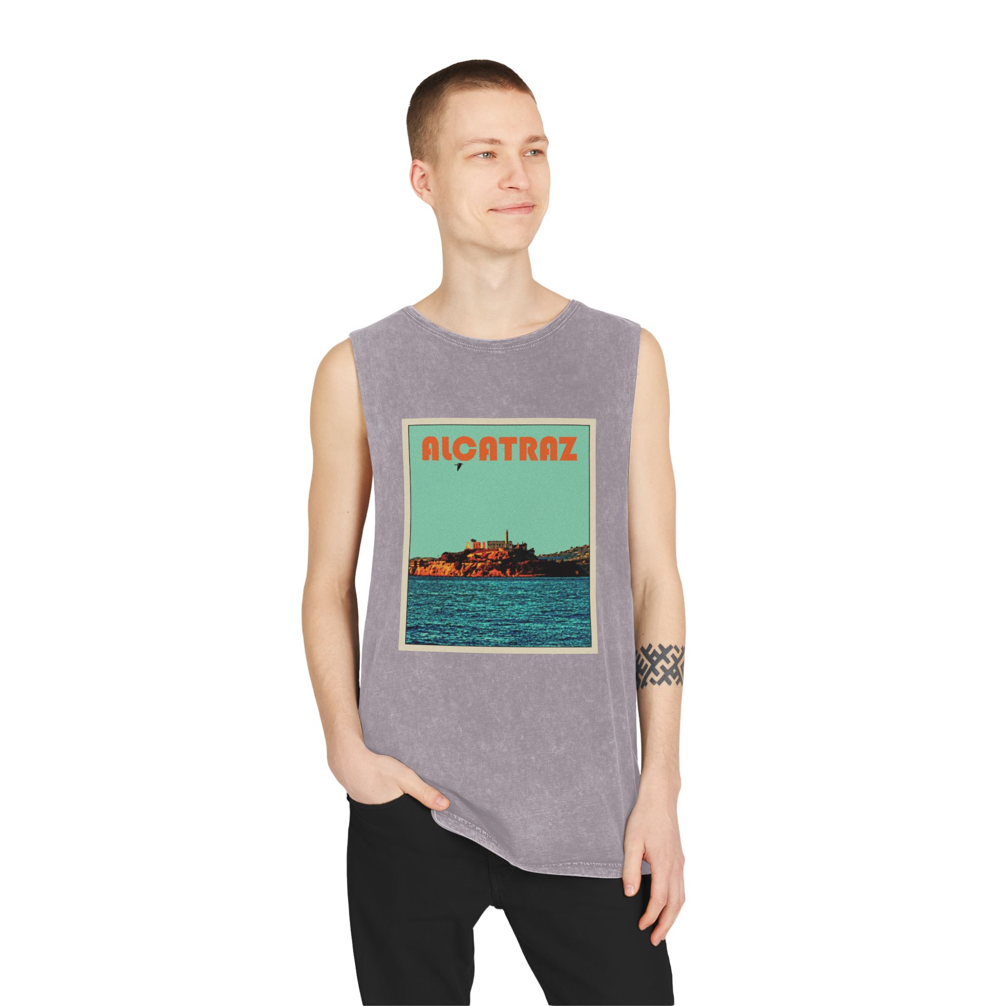 Alcatraz Retro Travel Poster Unisex Stonewash Tank Top - Image 19