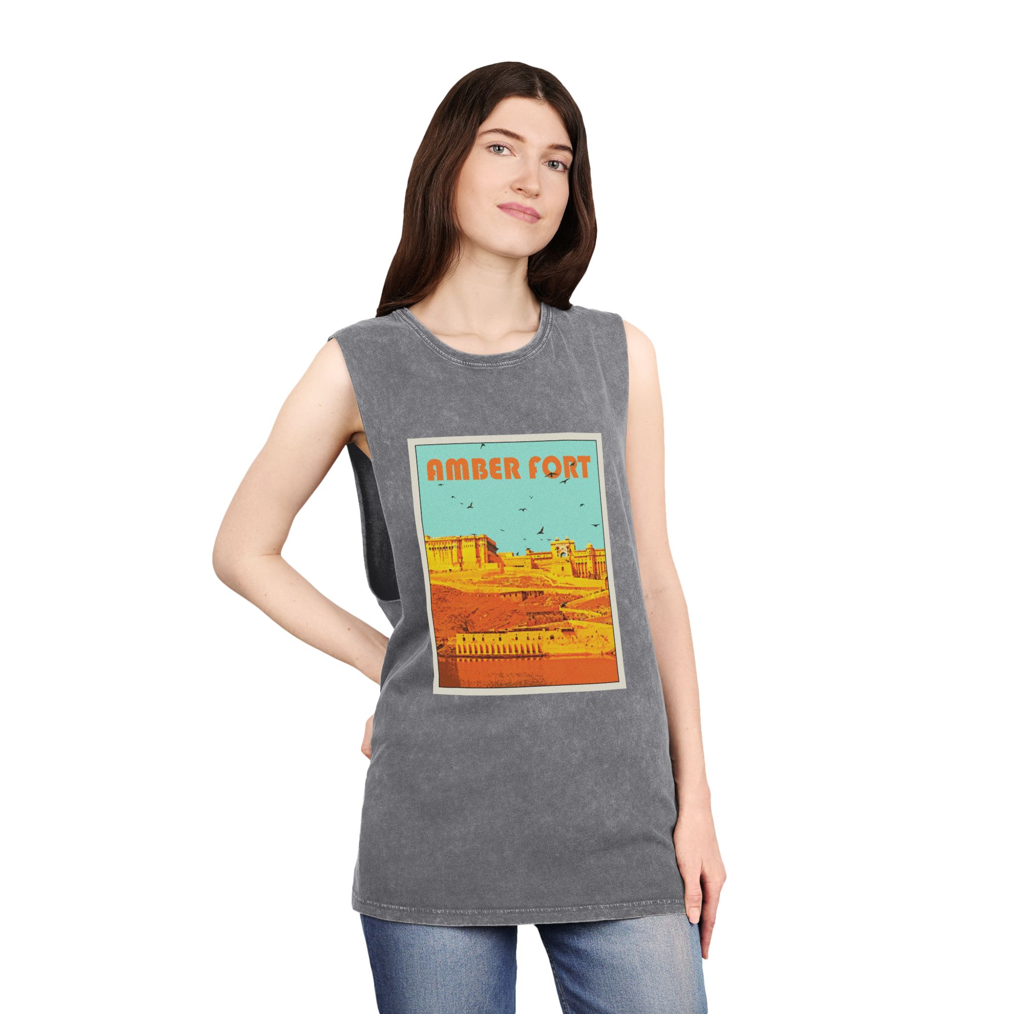 Amber Fort Retro Travel Poster Unisex Stonewash Tank Top - Image 12